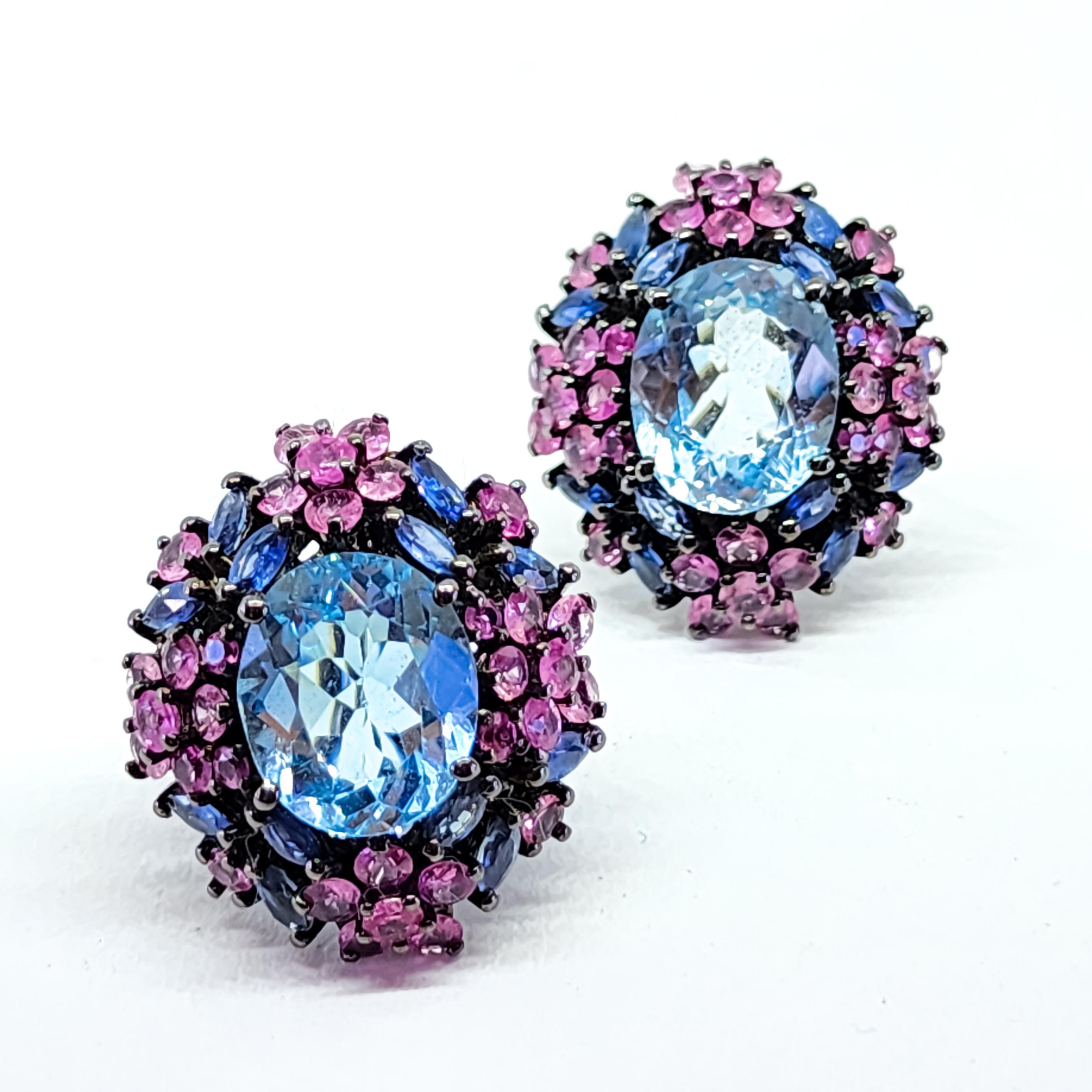 21ct Candy Color Blue Topaz Pink Sapphire Purple Tanzanite Cluster Earrings 925 8