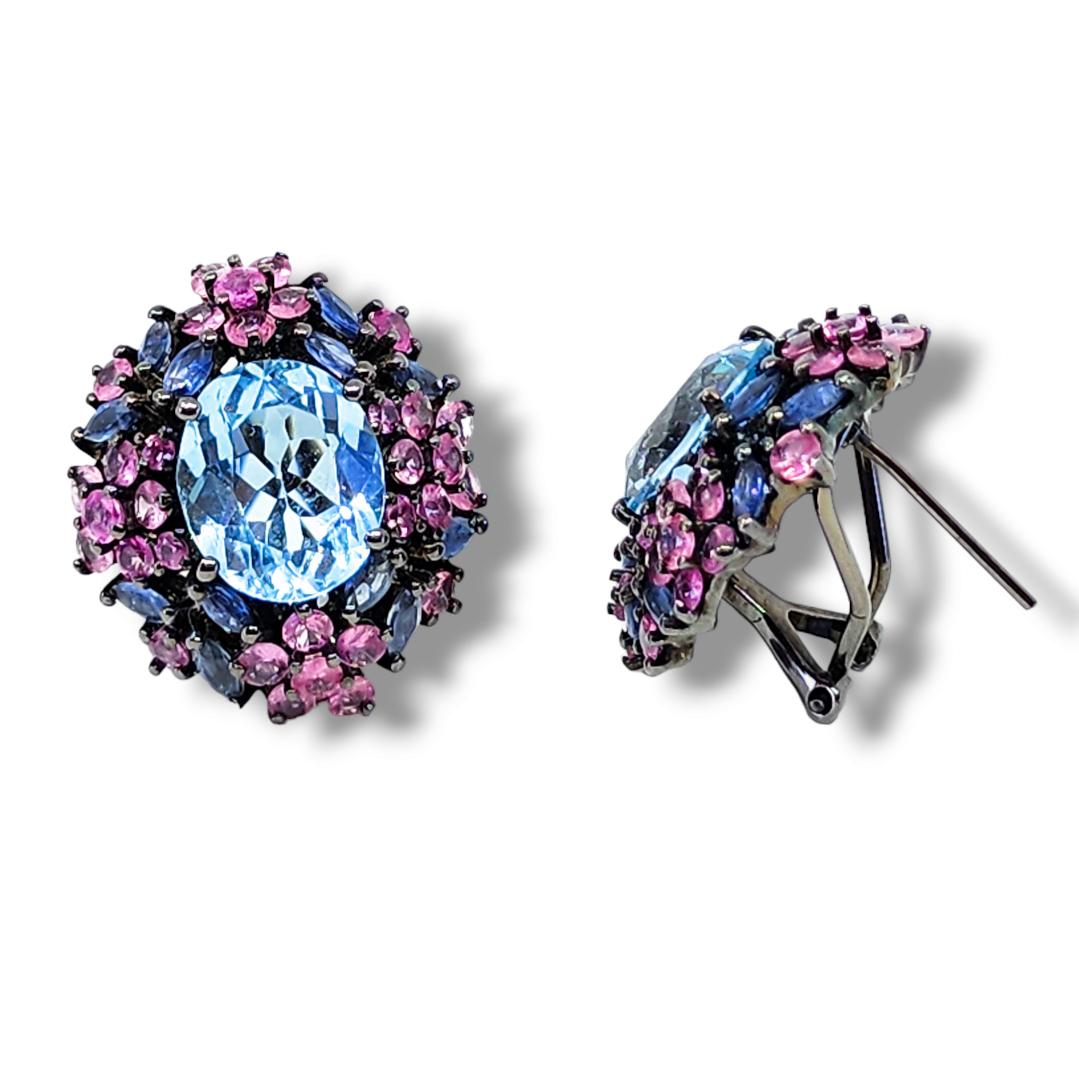 21ct Candy Color Blue Topaz Pink Sapphire Purple Tanzanite Cluster Earrings 925 11