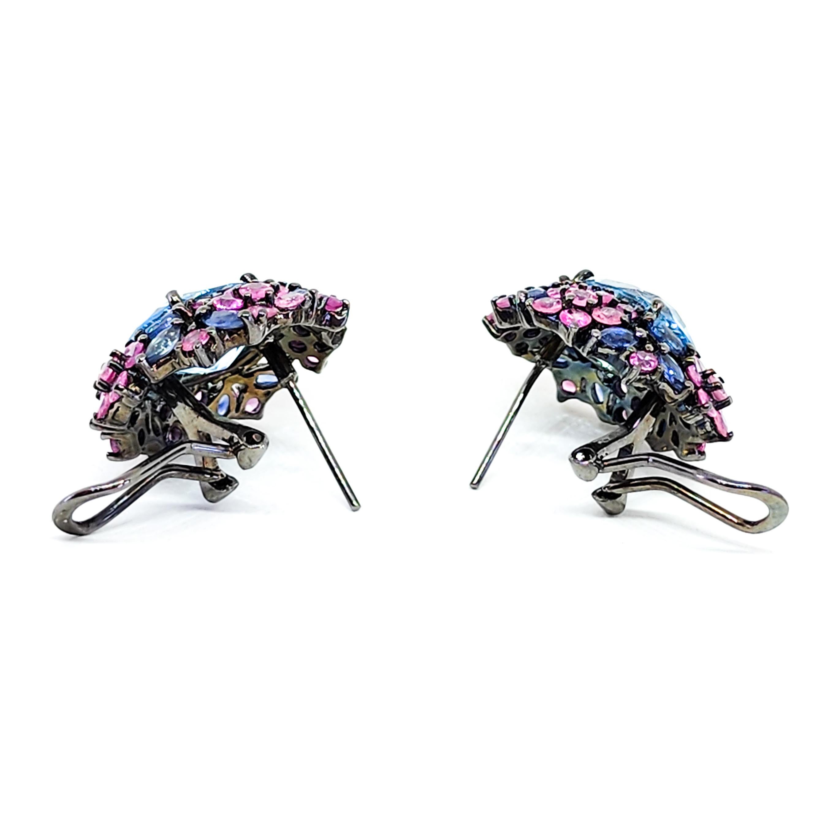 Contemporary 21ct Candy Color Blue Topaz Pink Sapphire Purple Tanzanite Cluster Earrings 925