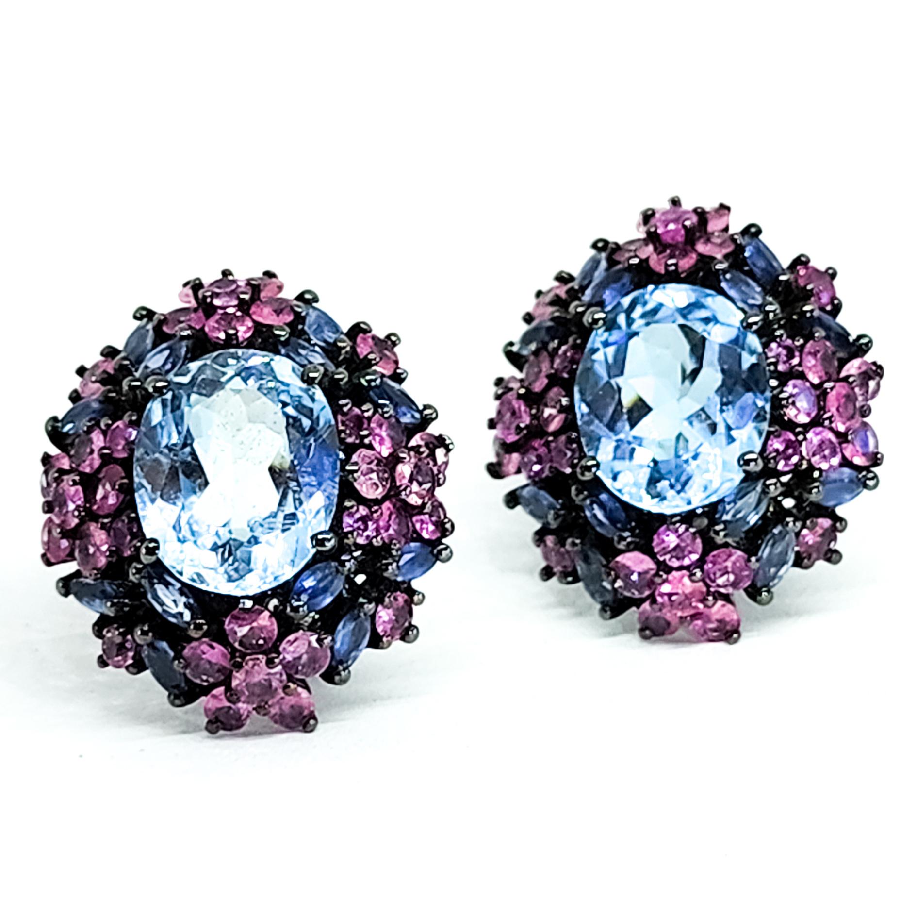 21ct Candy Color Blue Topaz Pink Sapphire Purple Tanzanite Cluster Earrings 925 In New Condition In Lambertville , NJ