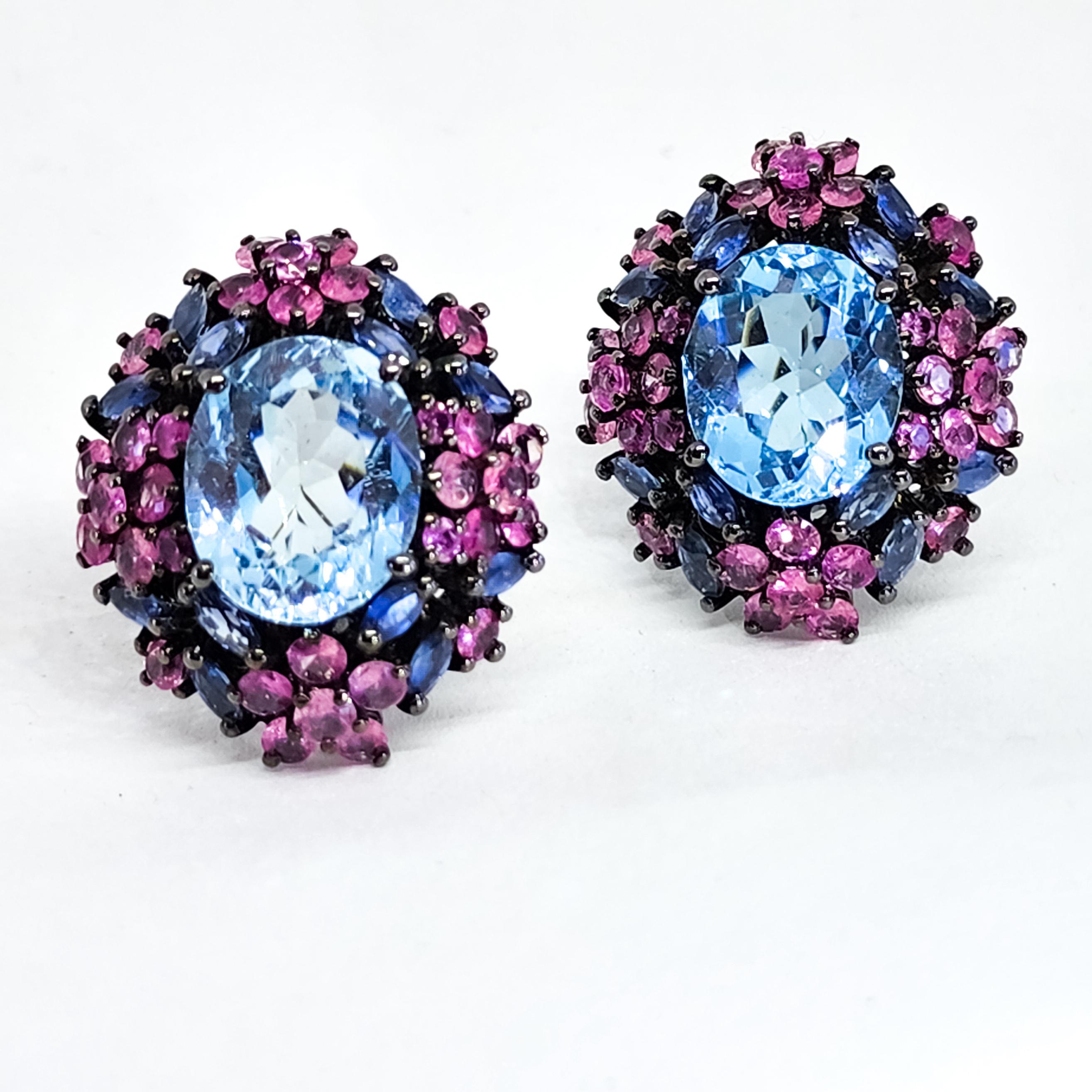 Women's 21ct Candy Color Blue Topaz Pink Sapphire Purple Tanzanite Cluster Earrings 925