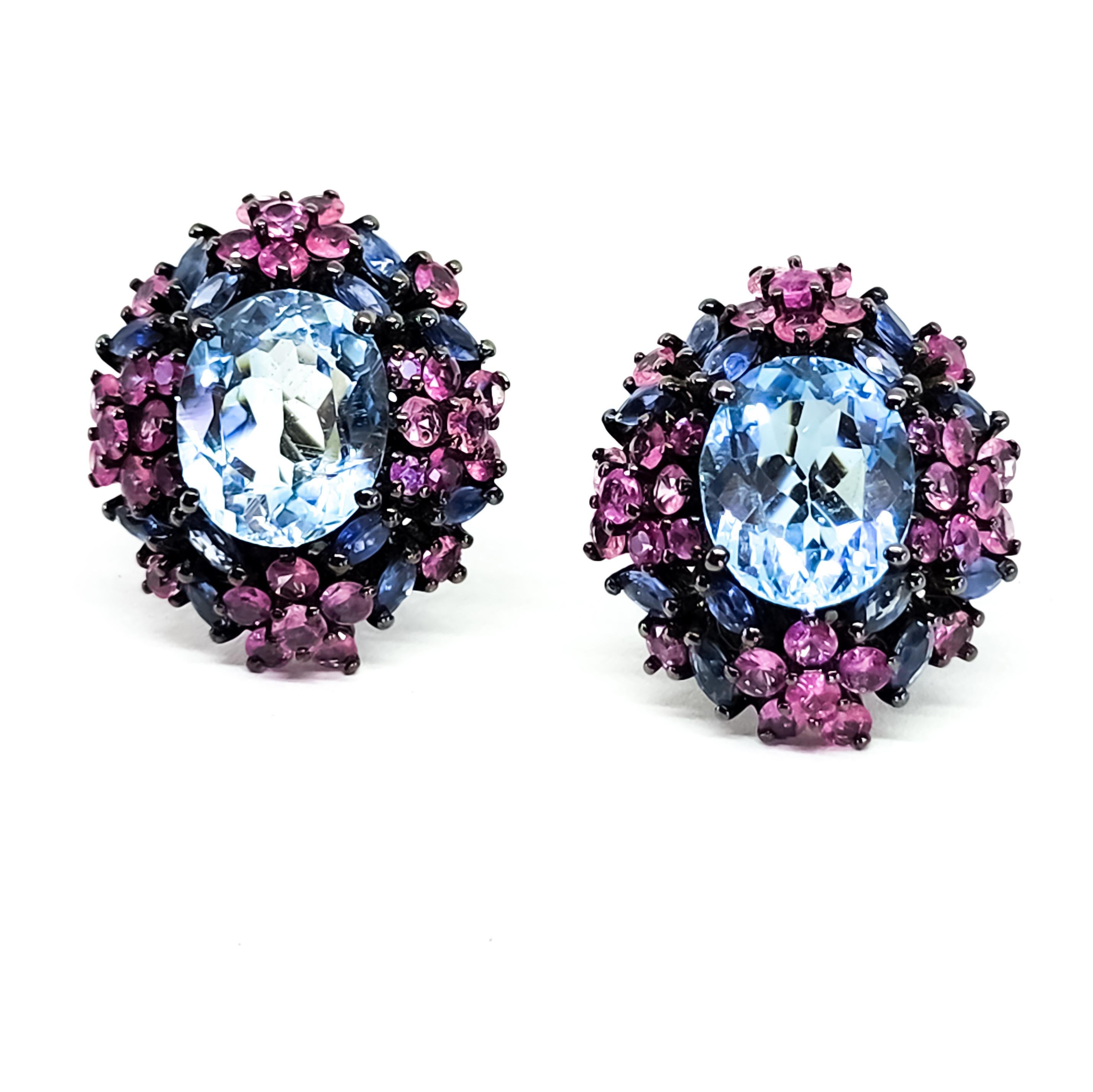 21ct Candy Color Blue Topaz Pink Sapphire Purple Tanzanite Cluster Earrings 925 1