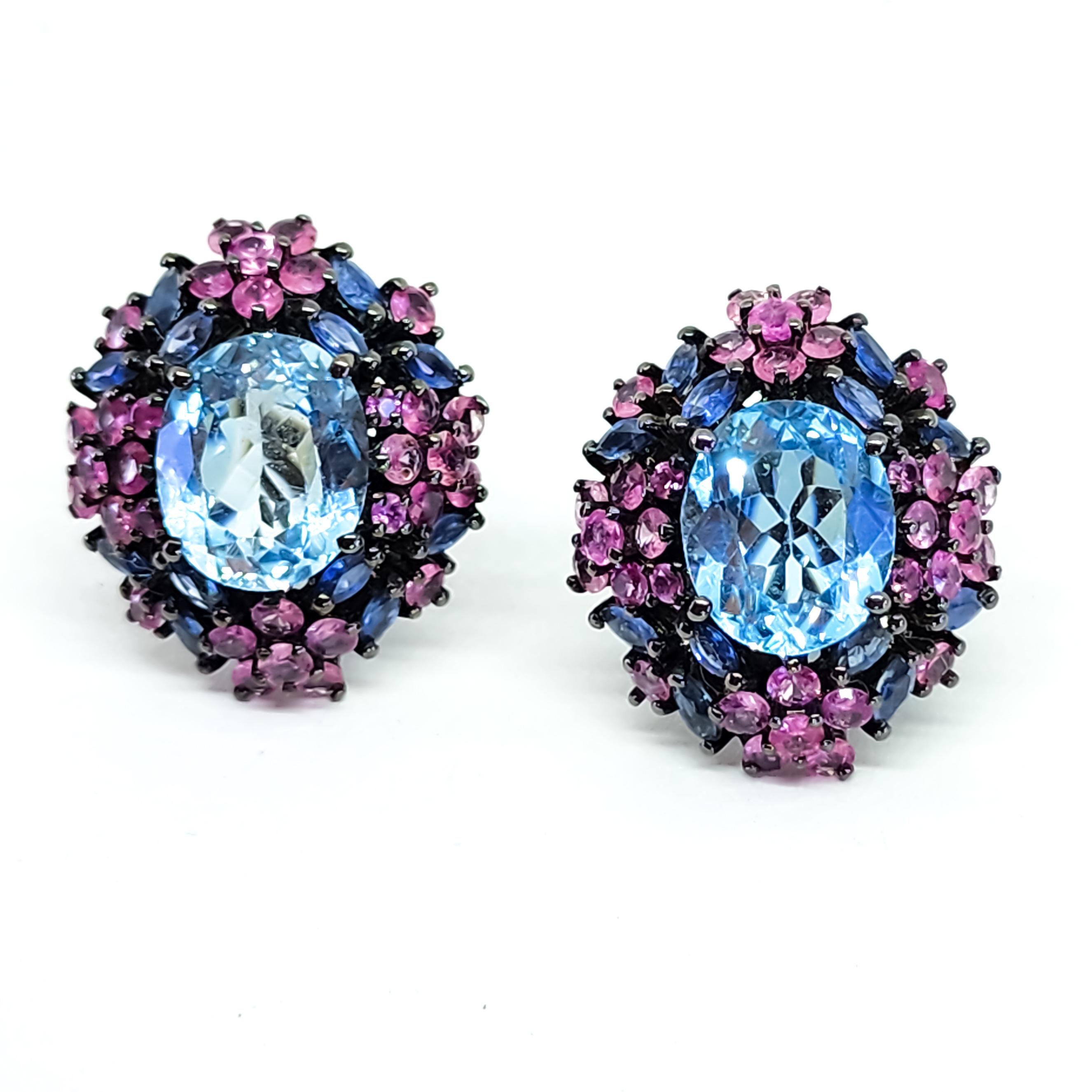 21ct Candy Color Blue Topaz Pink Sapphire Purple Tanzanite Cluster Earrings 925 2