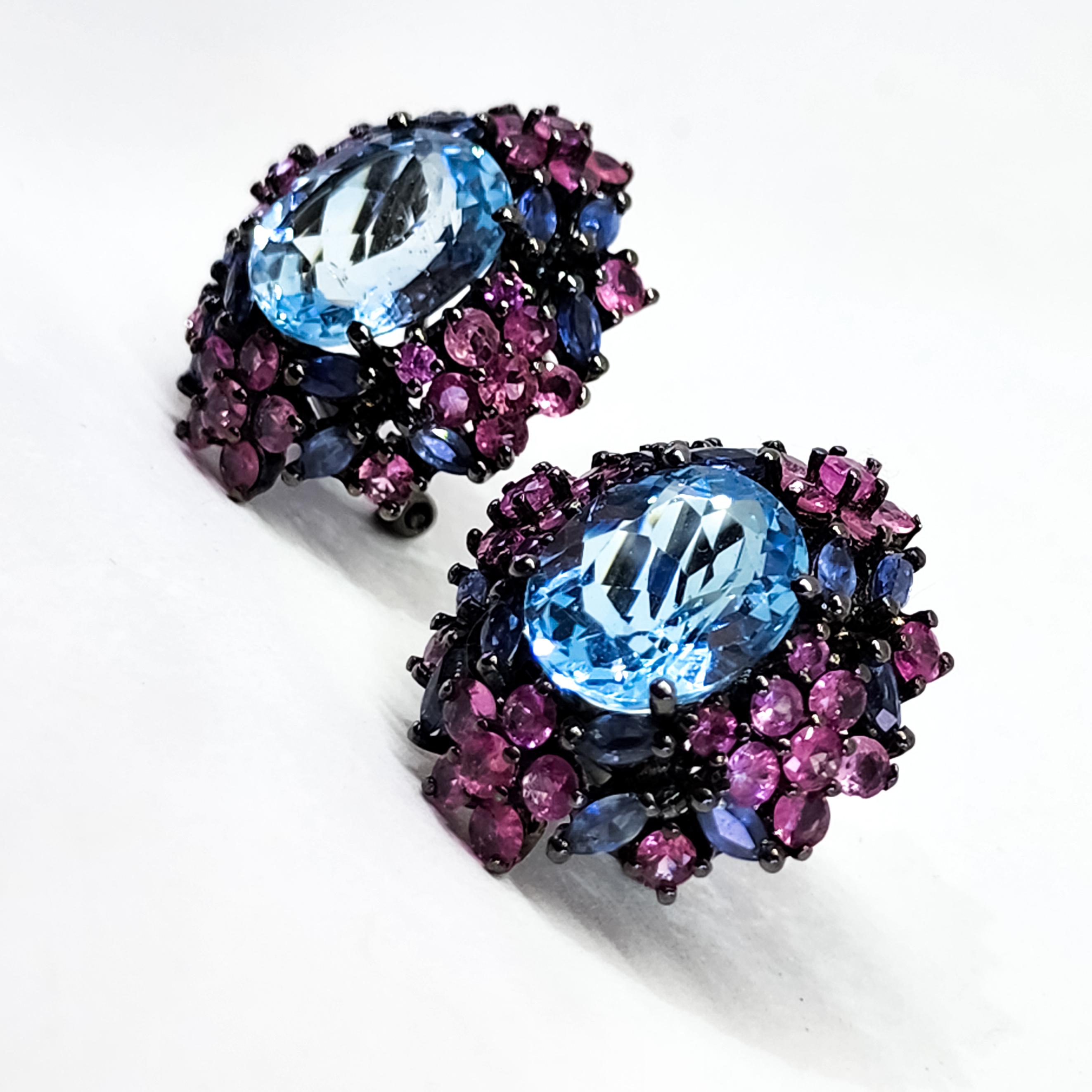 21ct Candy Color Blue Topaz Pink Sapphire Purple Tanzanite Cluster Earrings 925 3