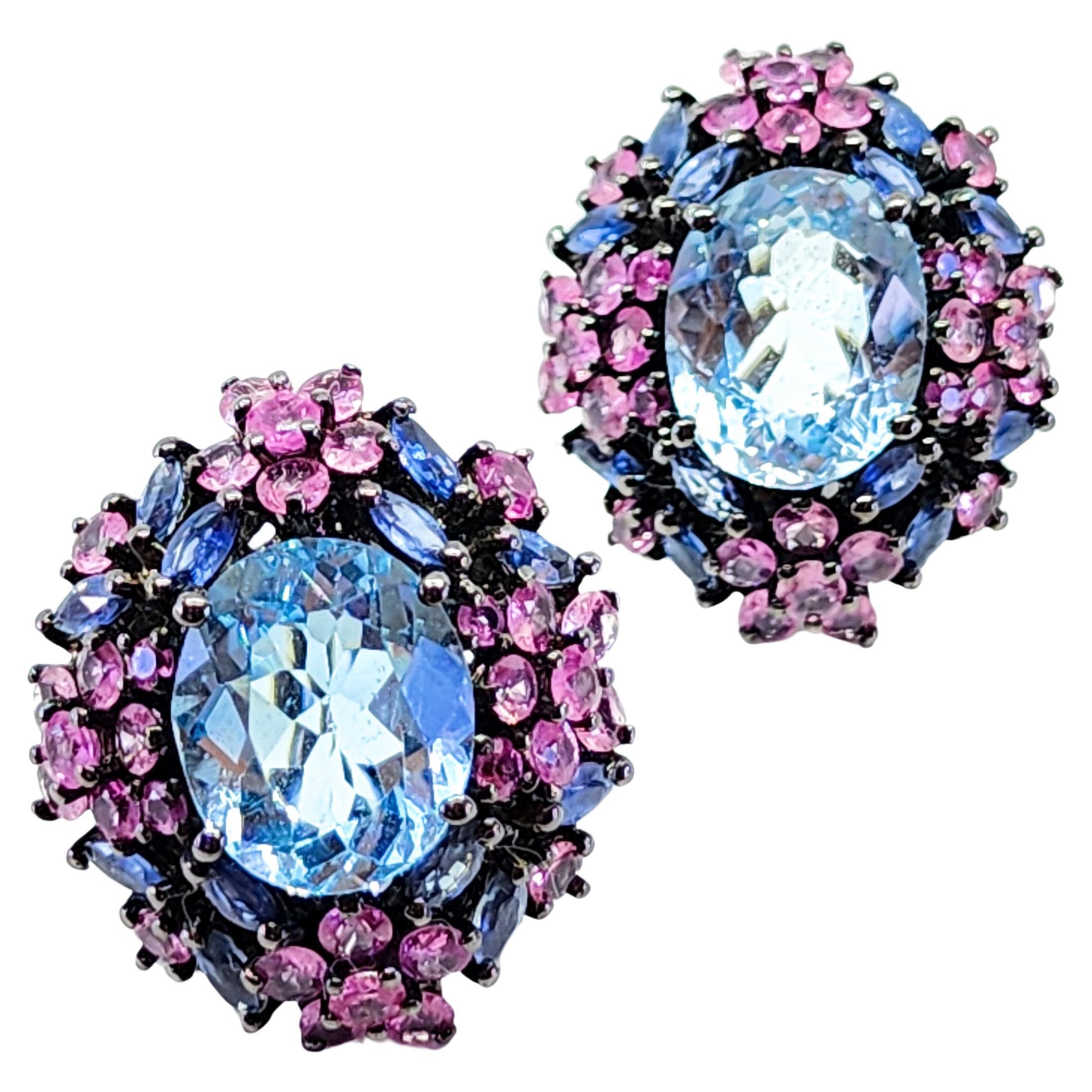 21ct Candy Color Blue Topaz Pink Sapphire Purple Tanzanite Cluster Earrings 925