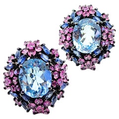 21ct Candy Color Blue Topaz Pink Sapphire Purple Tanzanite Cluster Earrings 925