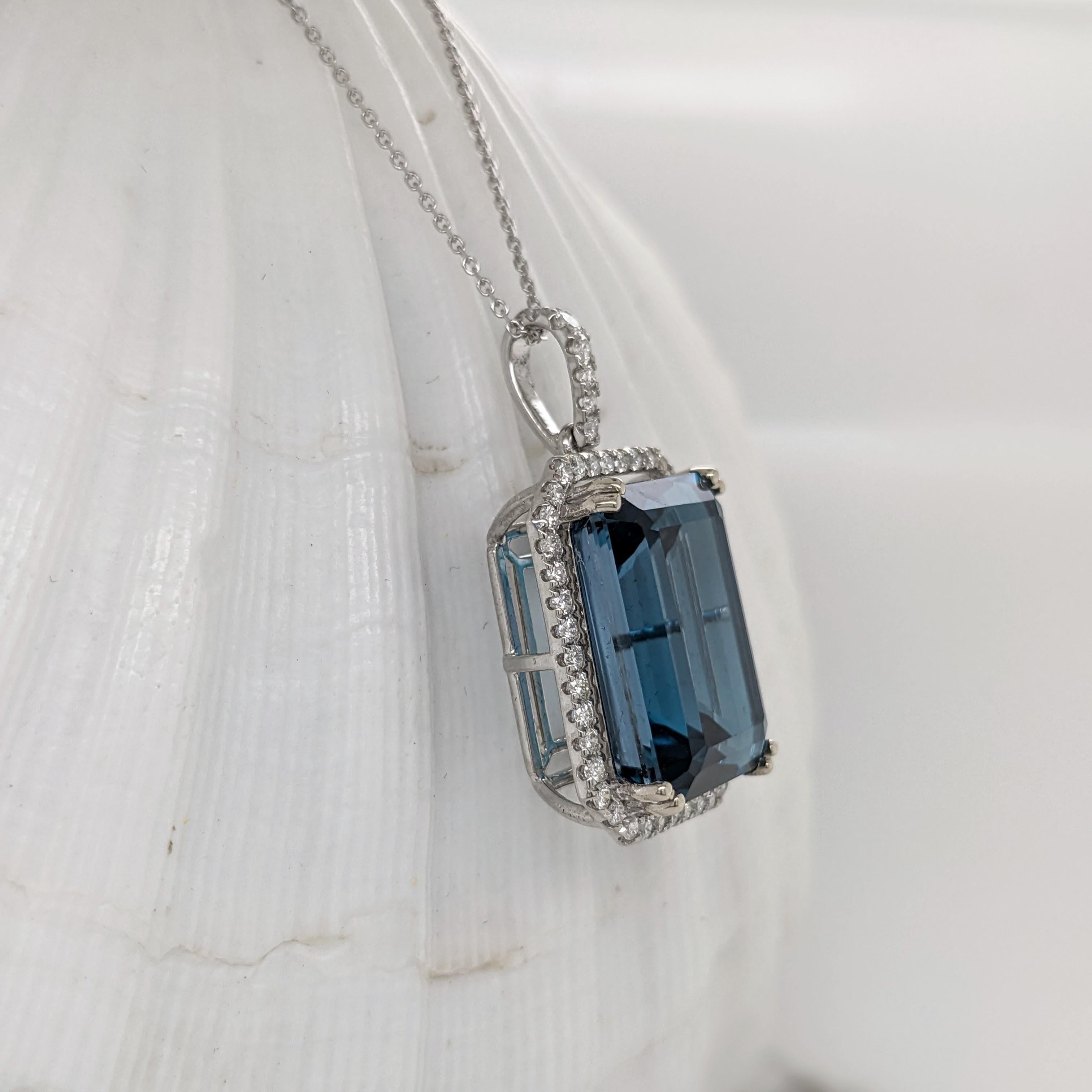 Emerald Cut 21ct London Topaz Pendant w Earth Mined Diamonds in Solid 14K Gold EM 18x13mm For Sale