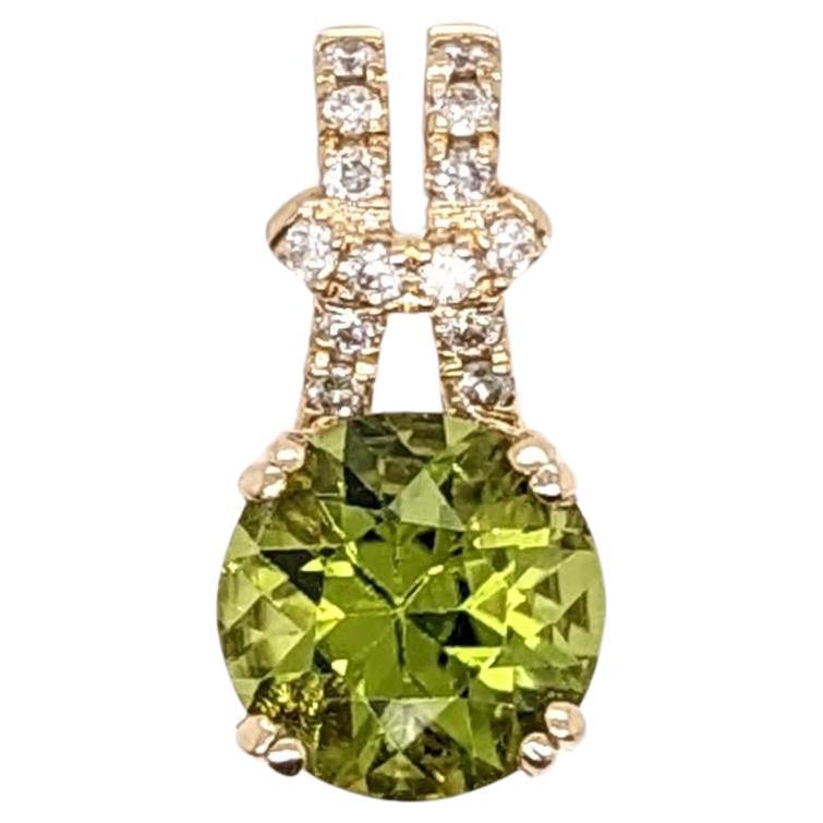 2.1ct Peridot Pendant w Earth Mined Diamonds in Solid 14K Yellow Gold Round 8mm For Sale