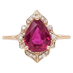 2.1ct Red Ruby Ring w Earth Mined Diamonds in Solid 14k Yellow Gold Pear 9x7mm