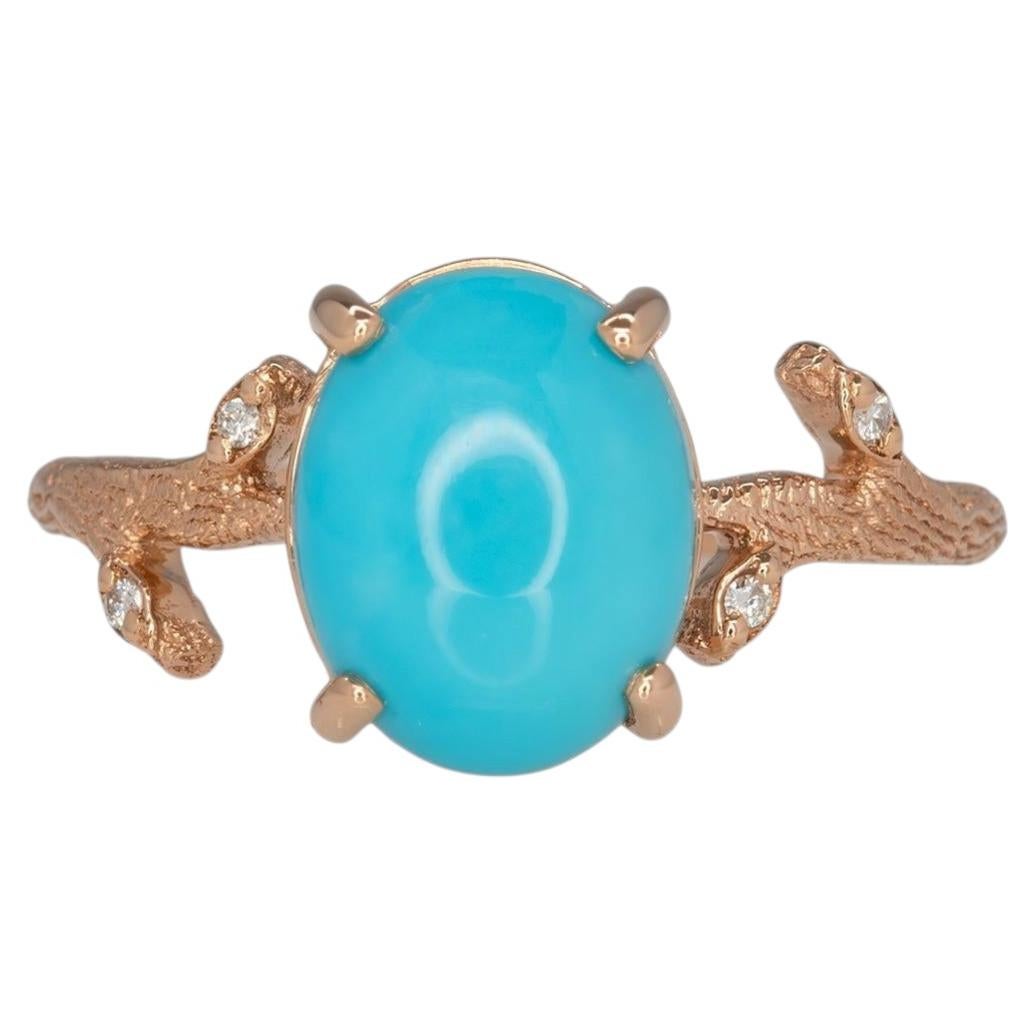 Anello con turchese Sonoran da 2,1 carati e diamanti naturali: Oro massiccio 14K, 10x8mm