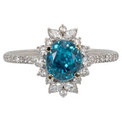 2.1cts Blue Zircon Ring with Natural Diamonds Halo: Solid 14k Gold, Oval 6.6x6mm