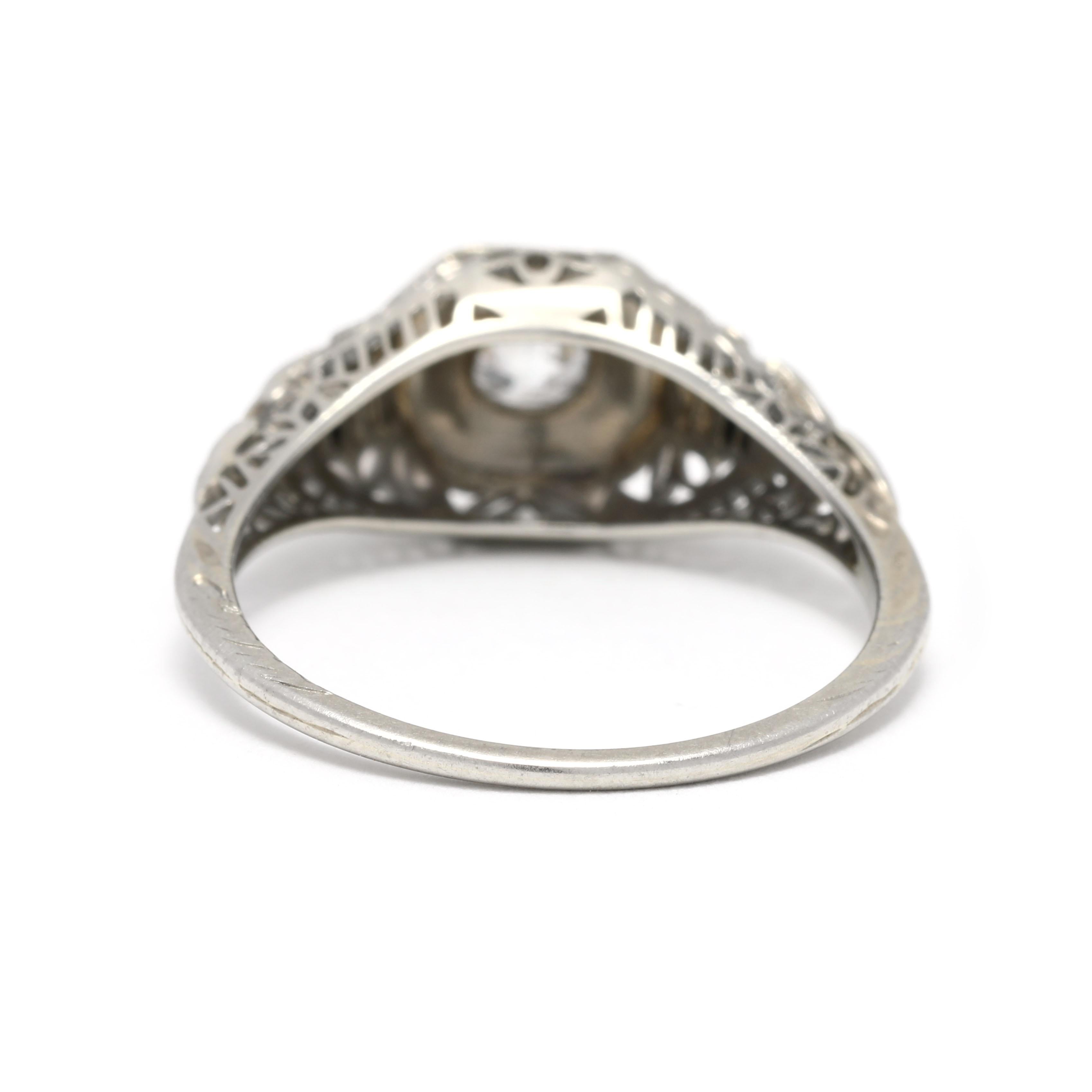 Single Cut .21ctw Art Deco Diamond Filigree Engagement Ring, 18K White Gold, Ring
