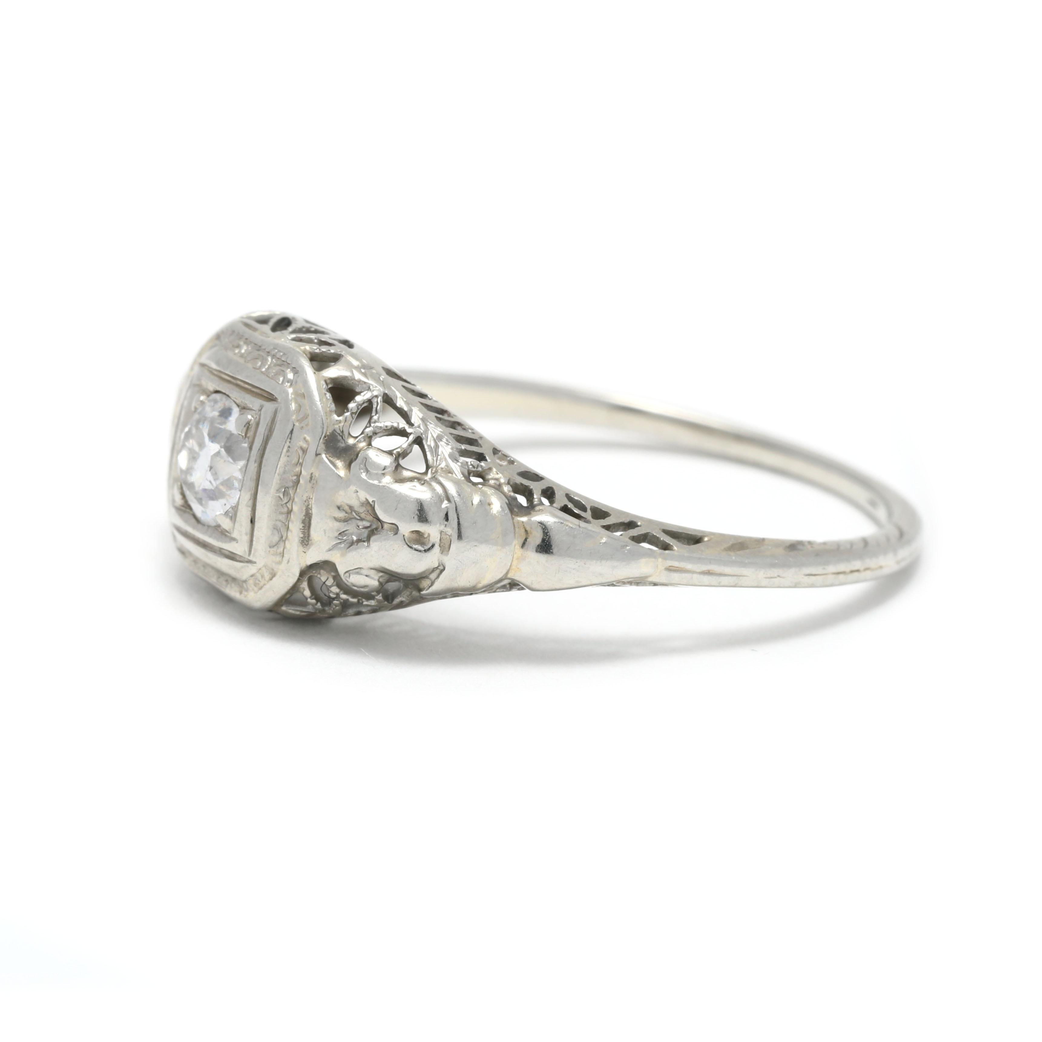 .21ctw Art Deco Diamond Filigree Engagement Ring, 18K White Gold, Ring In Good Condition In McLeansville, NC