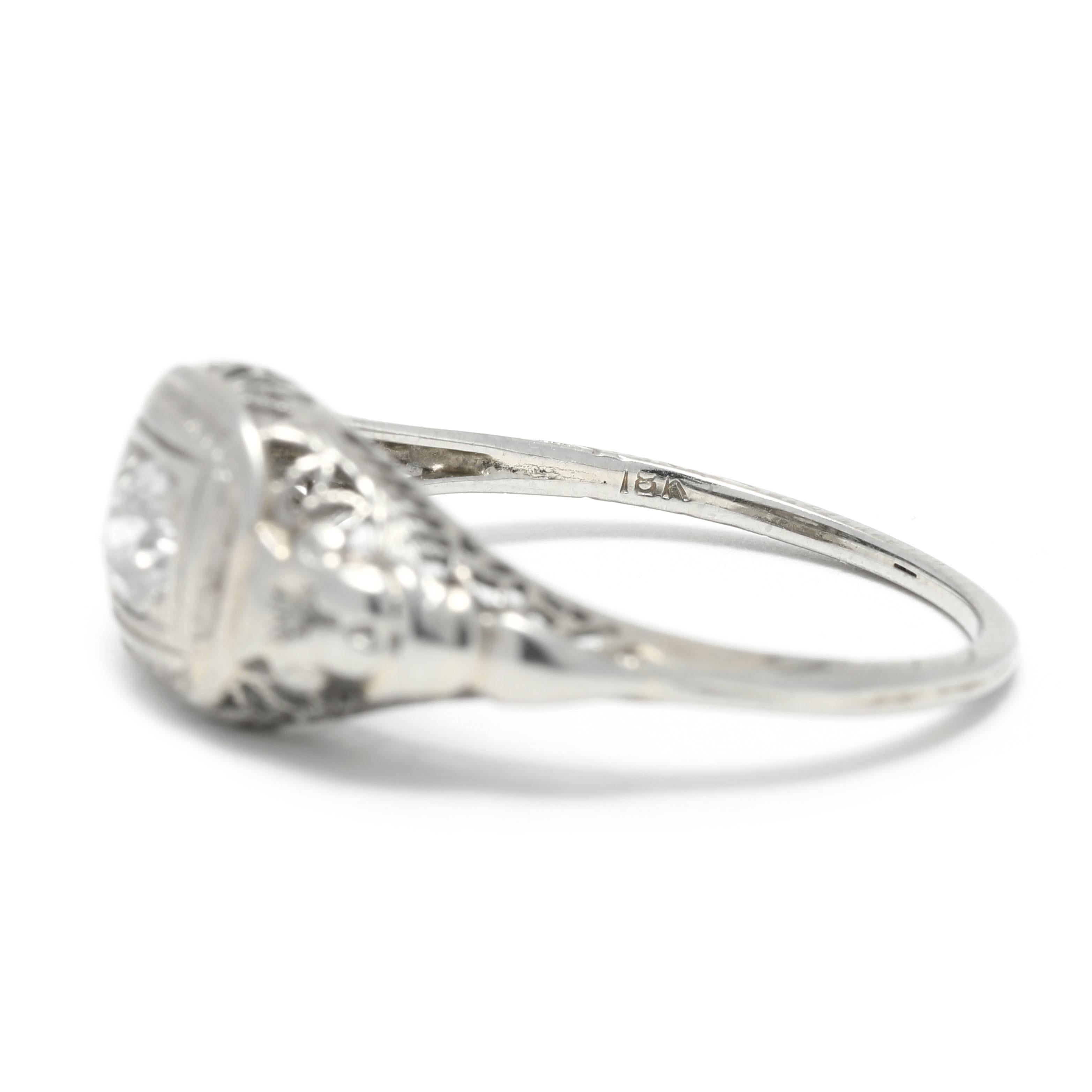 Women's or Men's .21ctw Art Deco Diamond Filigree Engagement Ring, 18K White Gold, Ring