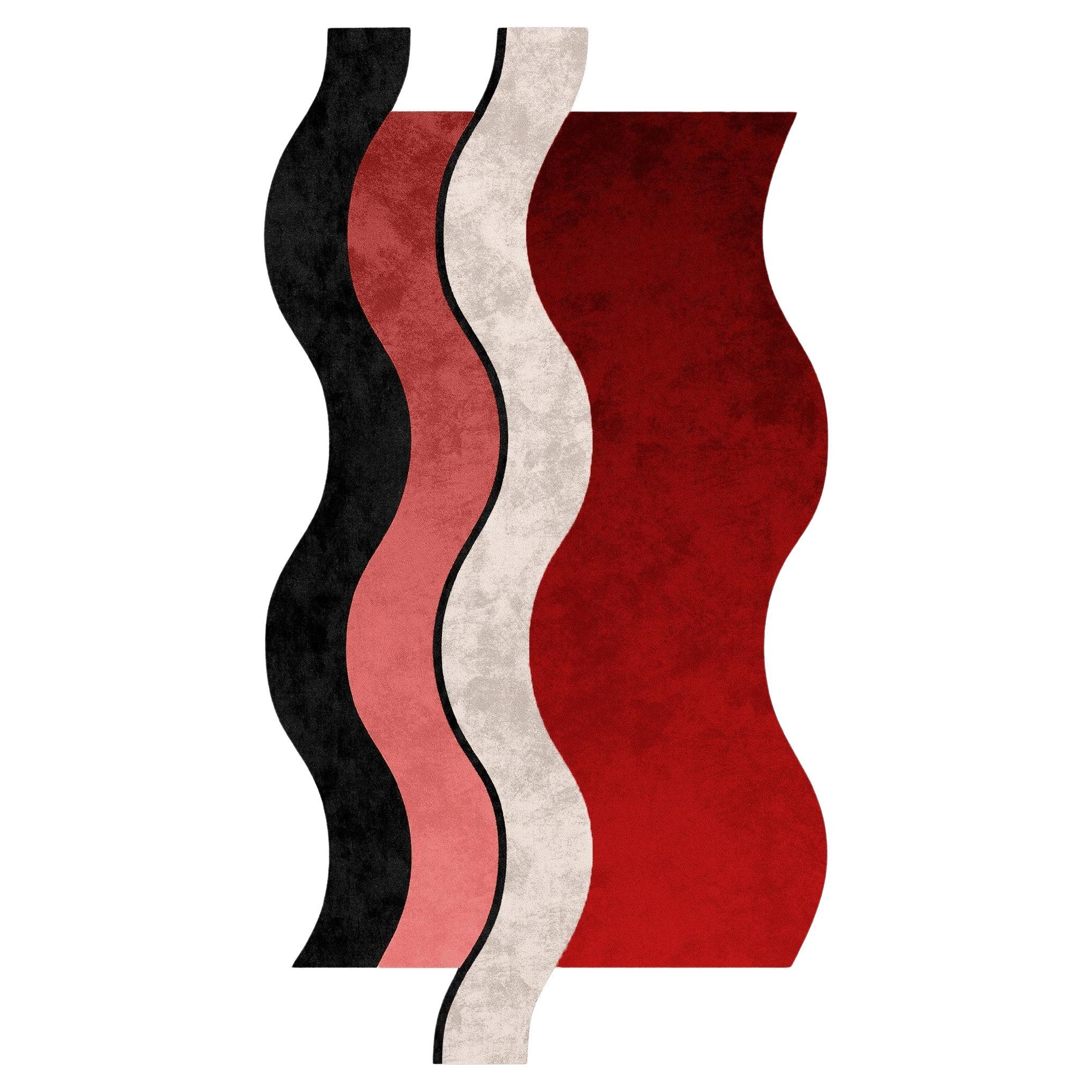 21h Century Modern Memphis Style Wave Hand-Tufted Rug Burgundy, Pink & Black