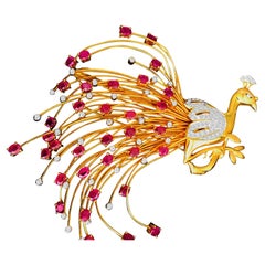 21K, Burma Ruby & VS/F Diamond Peacock Pin. (GIA)