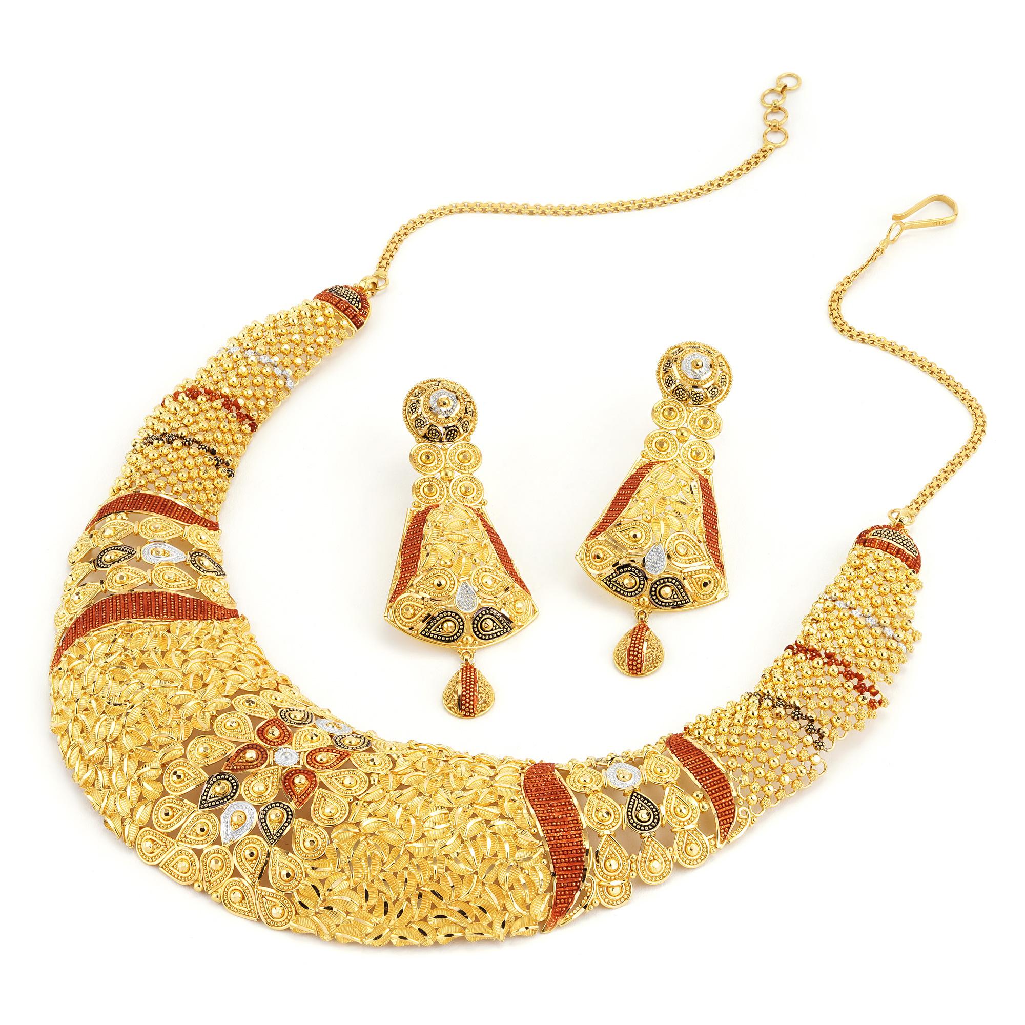 This exquisite antique jewelry set exudes timeless elegance and opulence. Crafted from lustrous 21 karat yellow gold, the set carries a weighty feel, boasting a total of 105 grams of precious metal. Each piece in this set is a testament to the