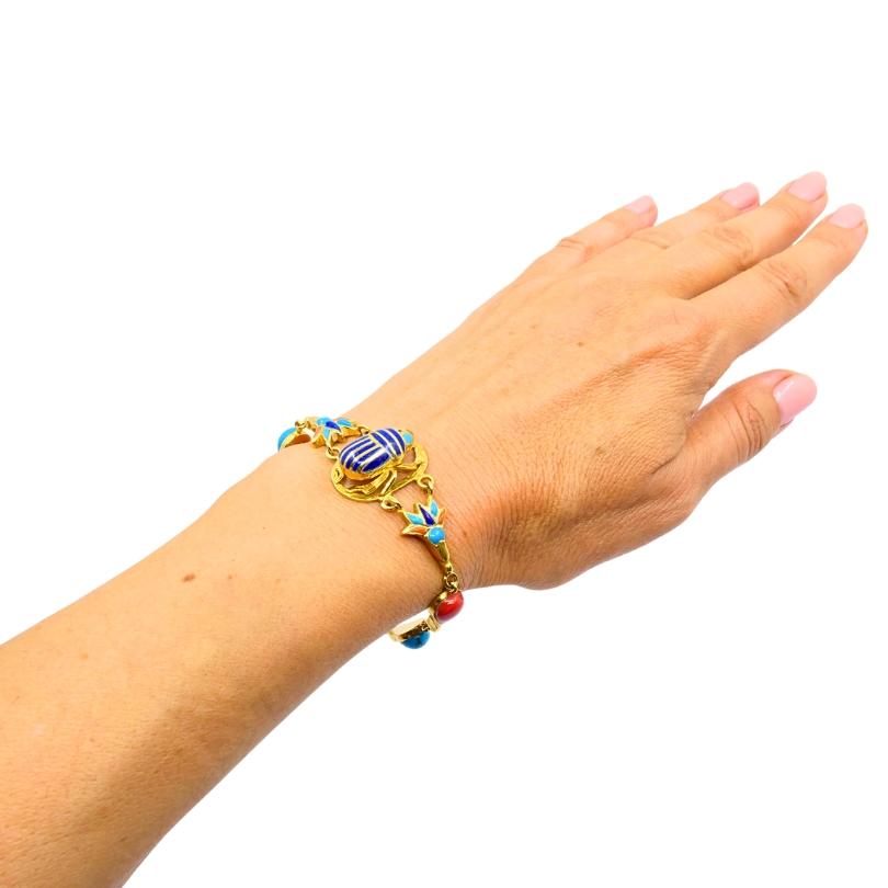 Taille mixte Bracelet en or 21k - Scarabée égyptien Turquoise Corail Émail en vente