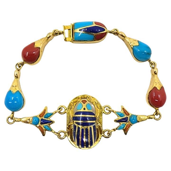 Bracelet en or 21k - Scarabée égyptien Turquoise Corail Émail en vente