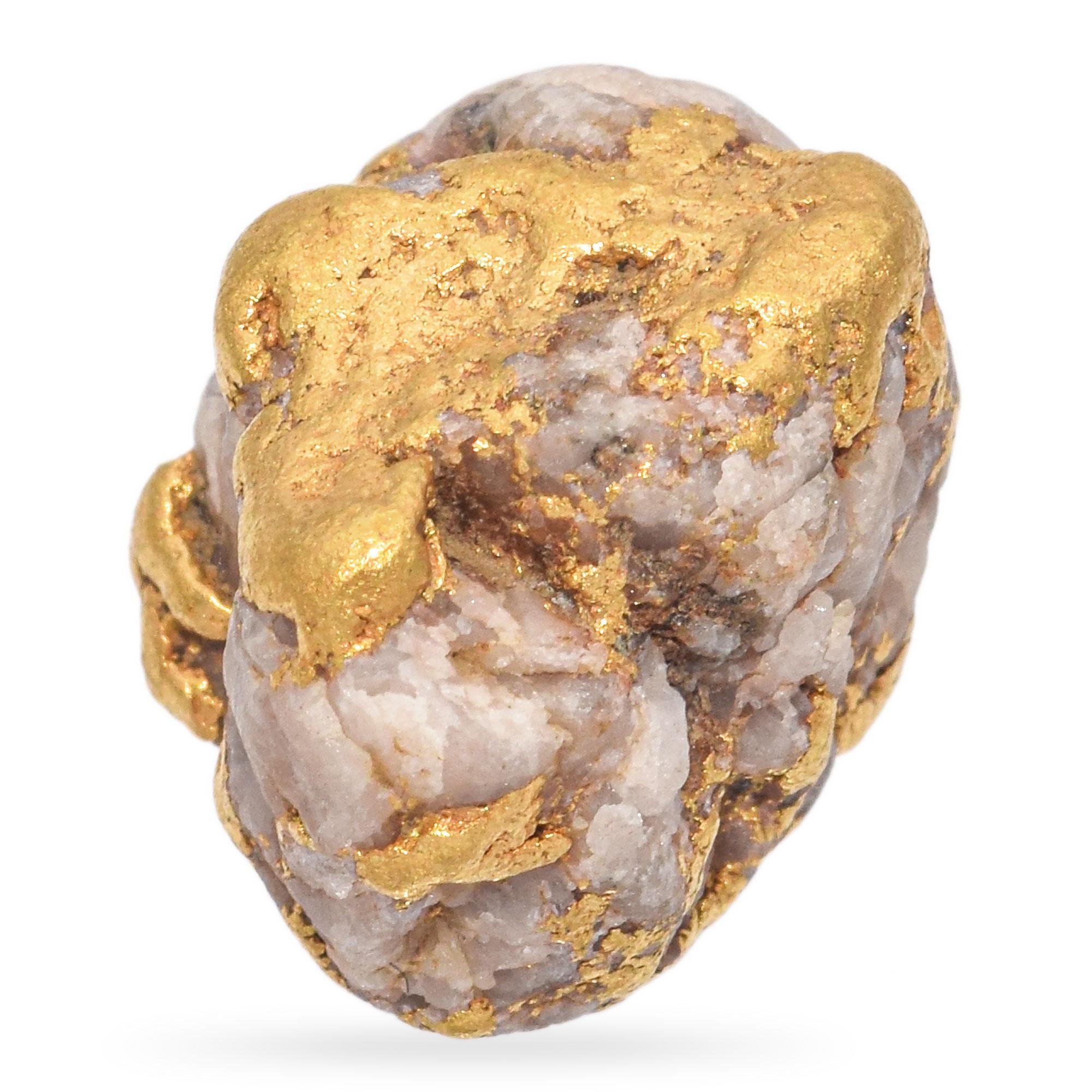 Dieser exquisite lose Stein zeigt ein natürliches Goldnugget, das in Quarz eingebettet ist. Das Gold weist einen reichen, glänzenden Schimmer auf, der einen schönen Kontrast zu den milchigen Weiß- und Grautönen der Quarzmatrix bildet.

Gewicht: 4,8