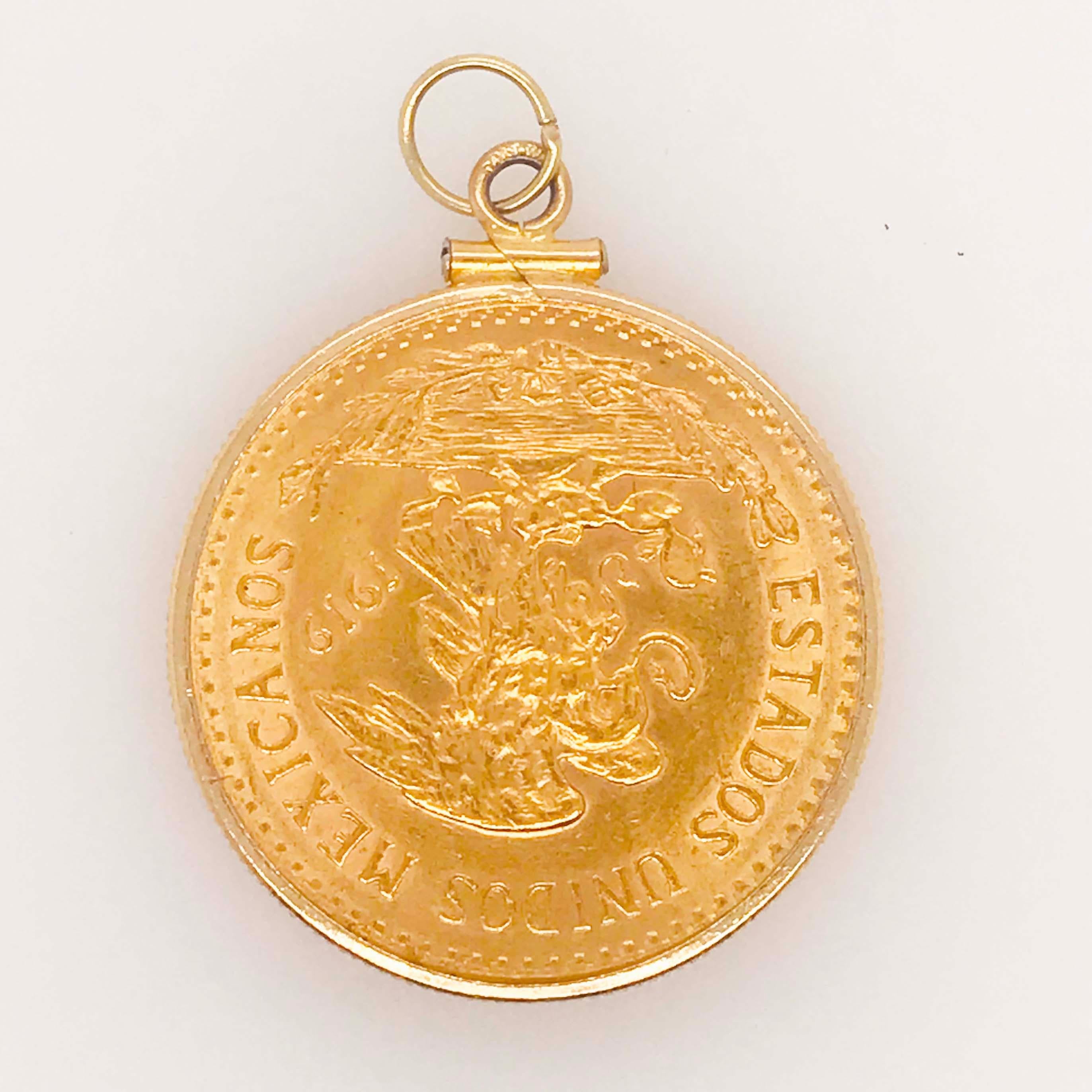 The Mexican Peso was originally released in 1921 in honor of Centenario, Mexico's 1st Century of Freedom! 
This authentic Mexico 20 dollar coin pendant has an original Mexico Veinte Peso gold coin set in a 14k yellow gold coin bezel pendant. The