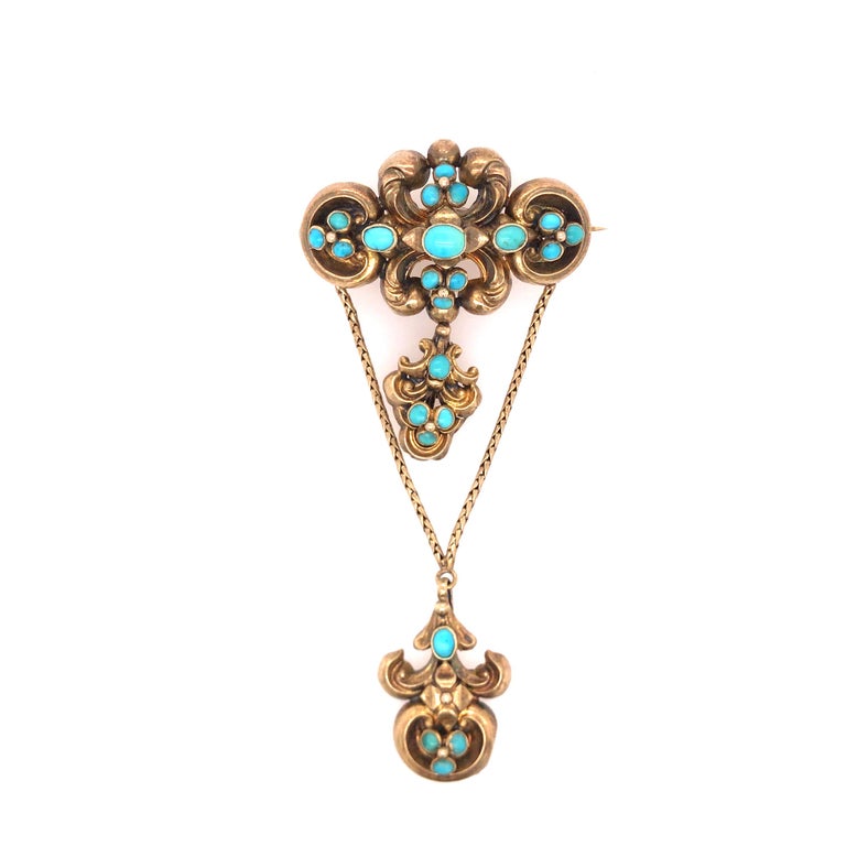 Victorian Turquoise Mourning Pin in 21K Yellow Gold.  The Pin measures 2 1/4 inch in length and 1 1/2 inch in width.  7.77 grams.