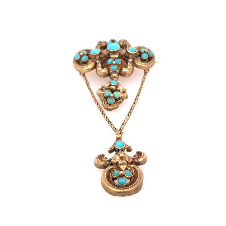 Round Cut 21K Victorian Turquoise Mourning Pin Yellow Gold For Sale