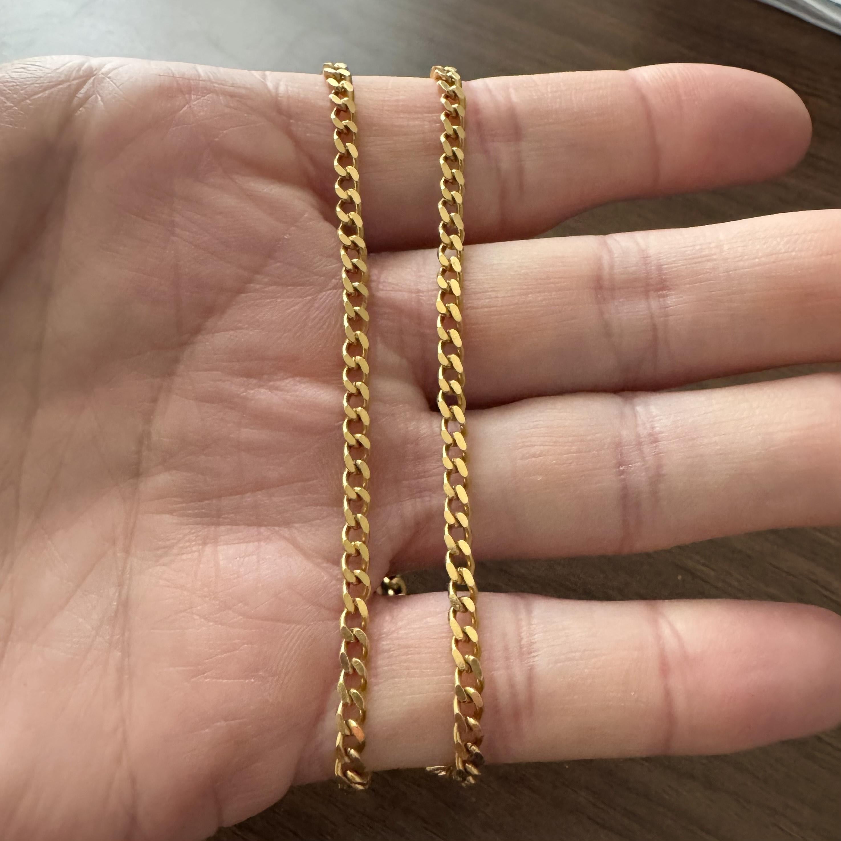 Condition:  Excellent Condition, Professionally Cleaned and Polished
Metal:  21k Gold (Marked, and Professionally Tested)
Weight:  21.7g
Length:  21 Inches
Width:  3.5mm
Closure:  Spring Ring
Markings:  