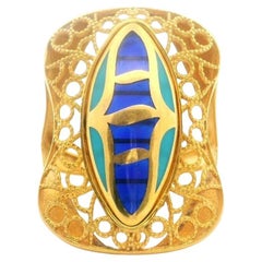 21k Yellow Gold and Enamel 5.9g Large Intricate Ring Size 6.5