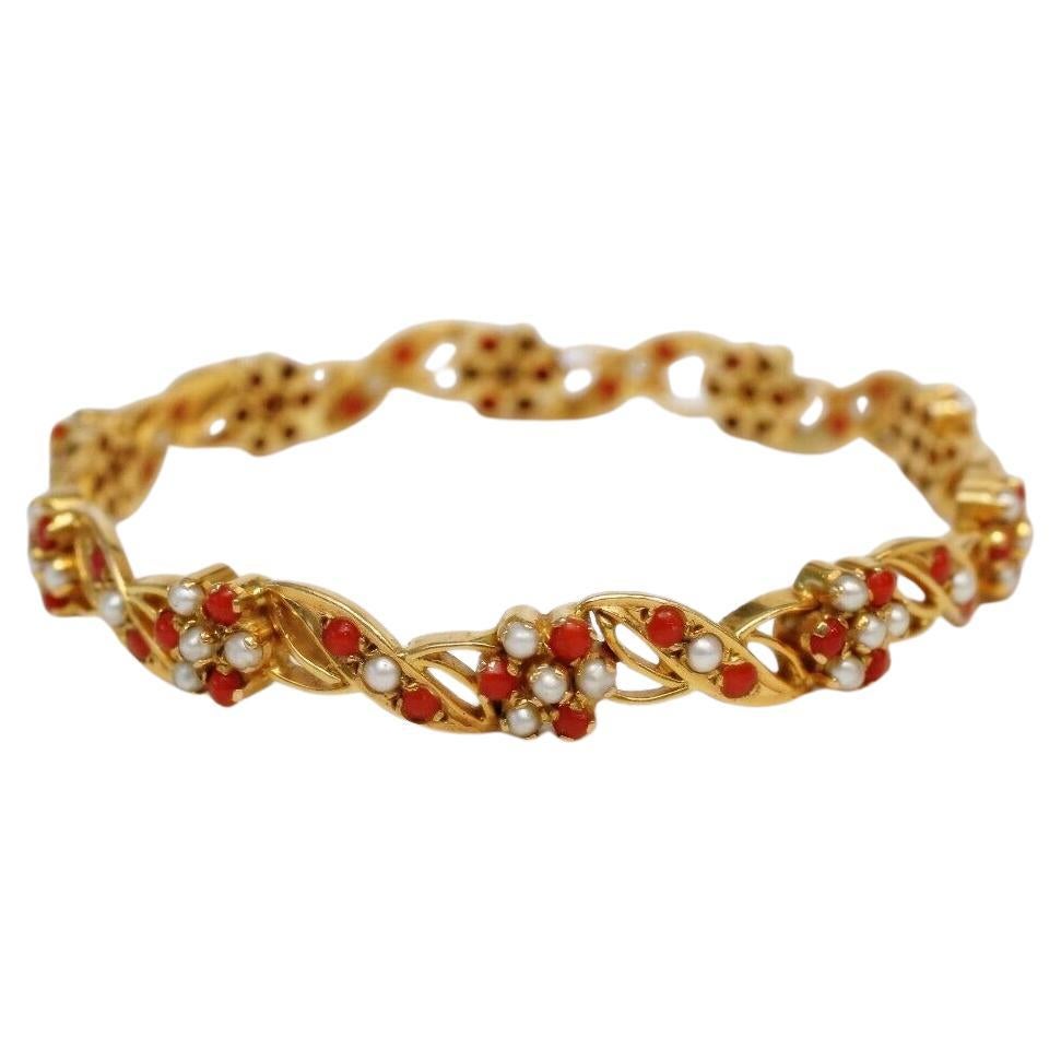 Bracelet jonc en or jaune 21 carats, perles et corail, 7 pouces - 23,2 g