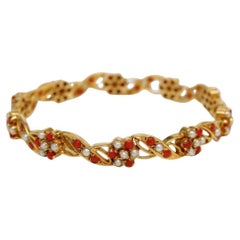 21k Yellow Gold Pearl & Coral Bangle, 7 inches - 23.2g