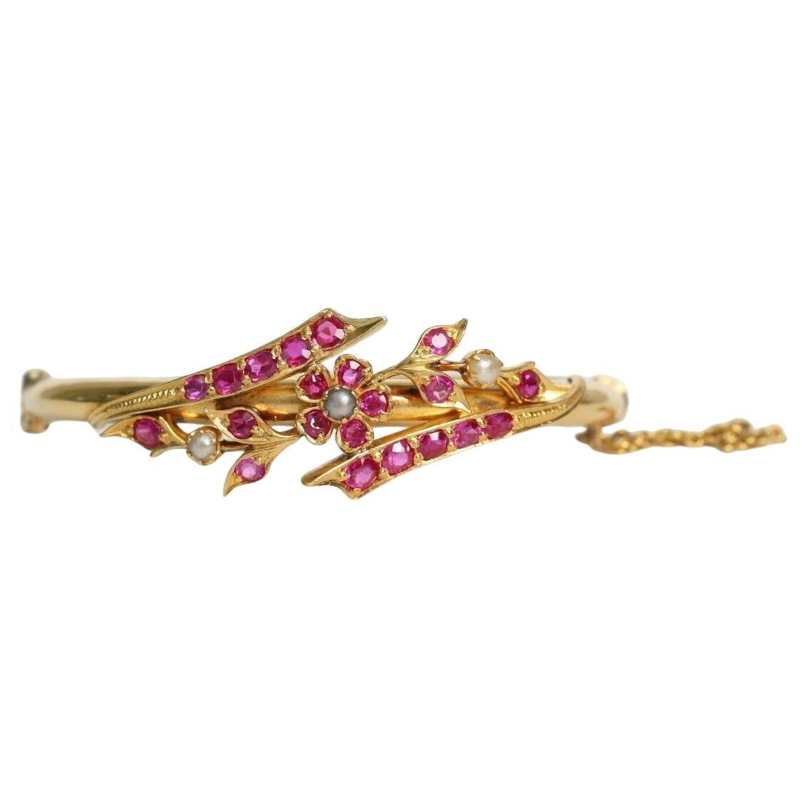 21k Yellow Gold Ruby Floral Bangle, 6.75 inches - 22.5g