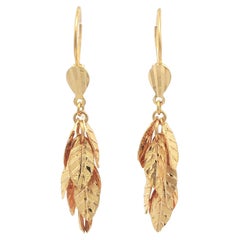 21k Yellow Gold Textured Leaf Cluster Dangle Earrings w/ Wire Hook Backings
