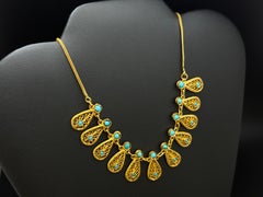 21K Yellow Gold Traditional Persian Paisley Boteh Design Turquoise Necklace