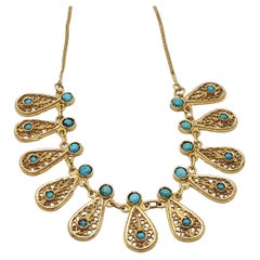 21K Yellow Gold Traditional Persian Paisley Boteh Design Turquoise Necklace
