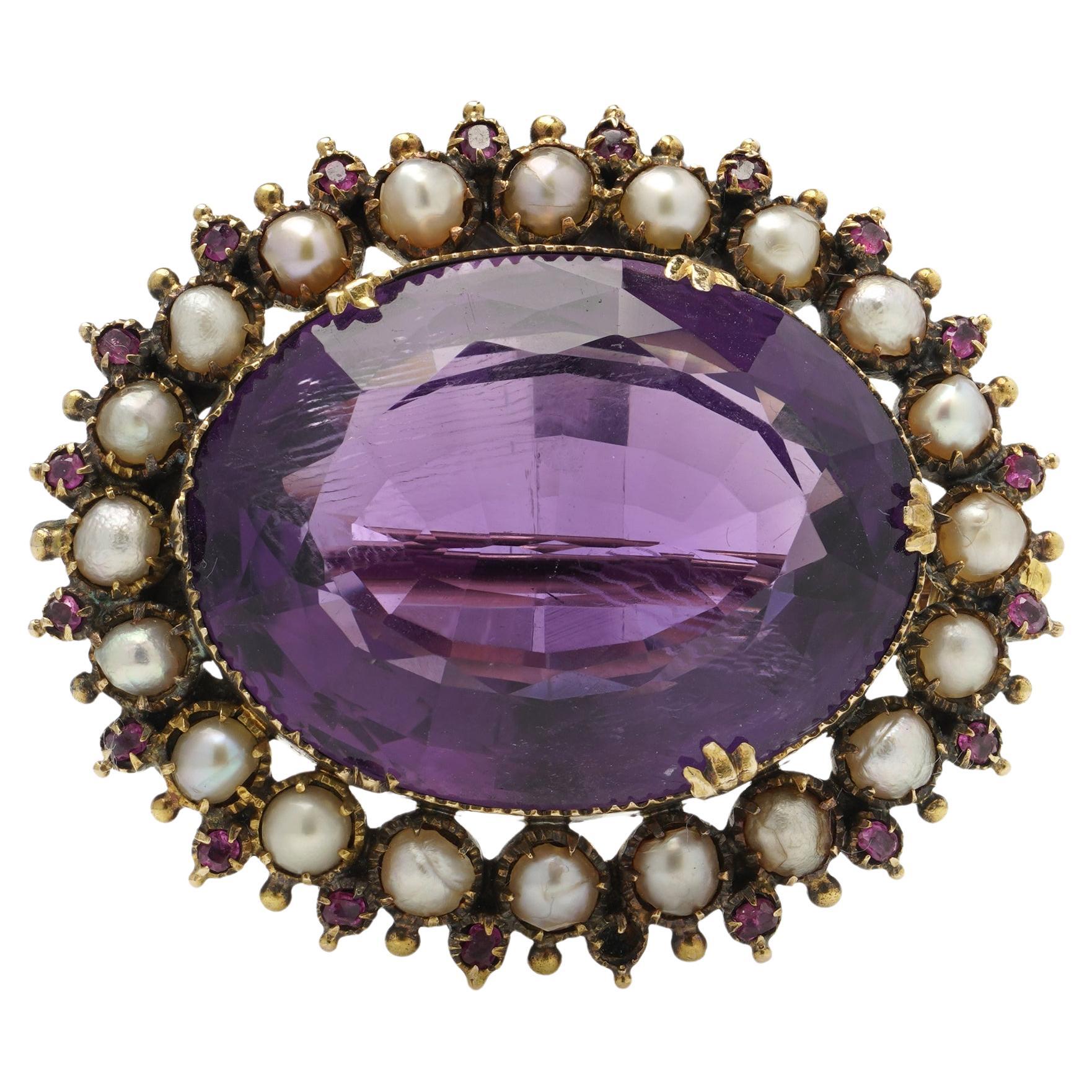 21KT gold amethyst, ruby and pearl brooch