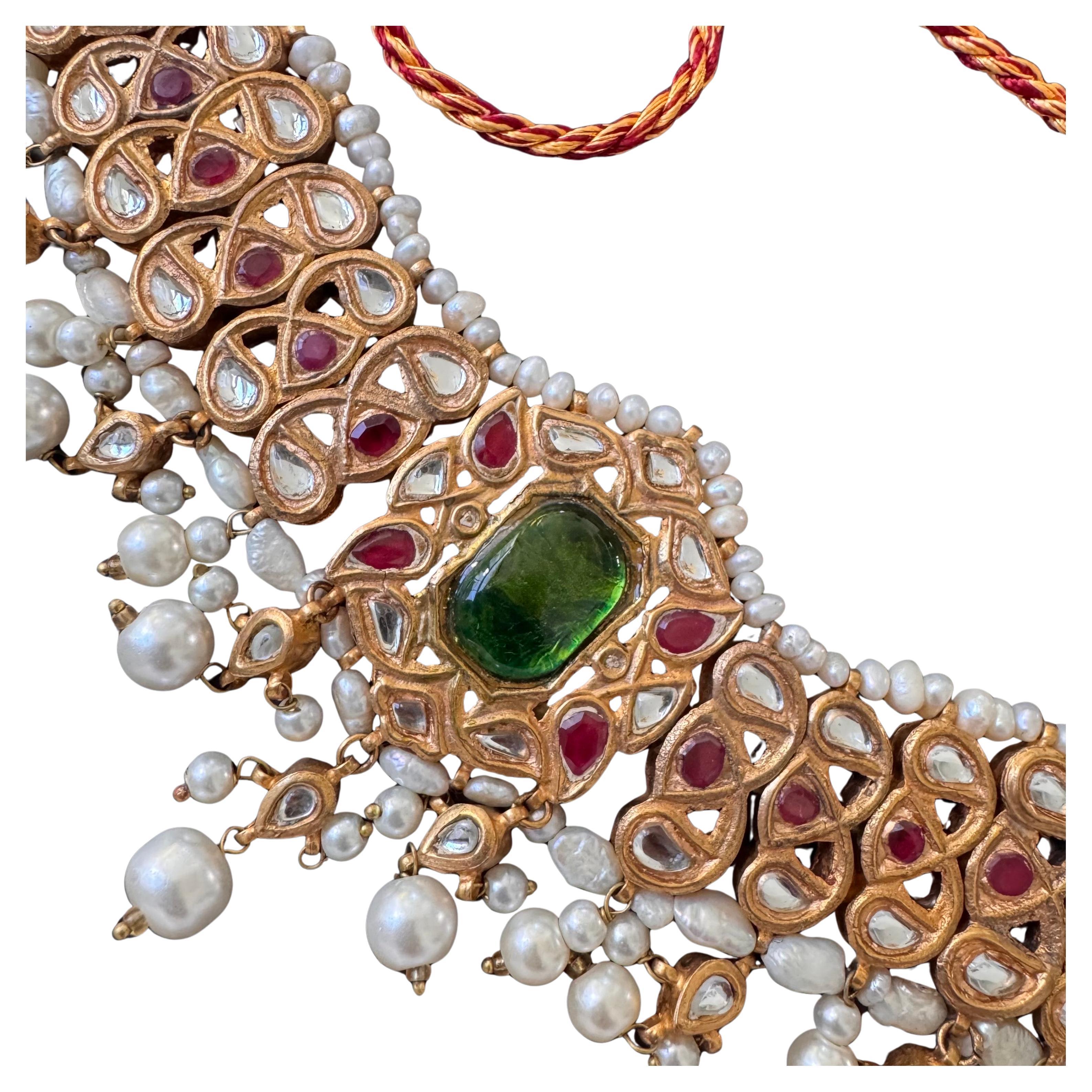 21kt Gold-Plated Mughal Style Necklace with Foiled Glass, Rubies, and Freshwater