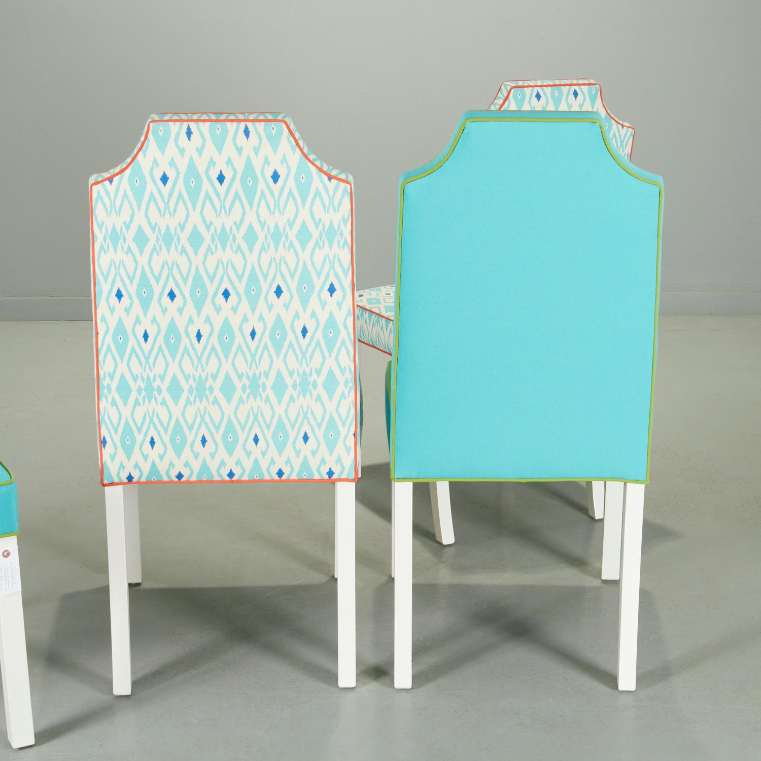 Lacquered 21st C. 4 Colorful Designer Parsons Dining Chairs with Contrasting Piping For Sale