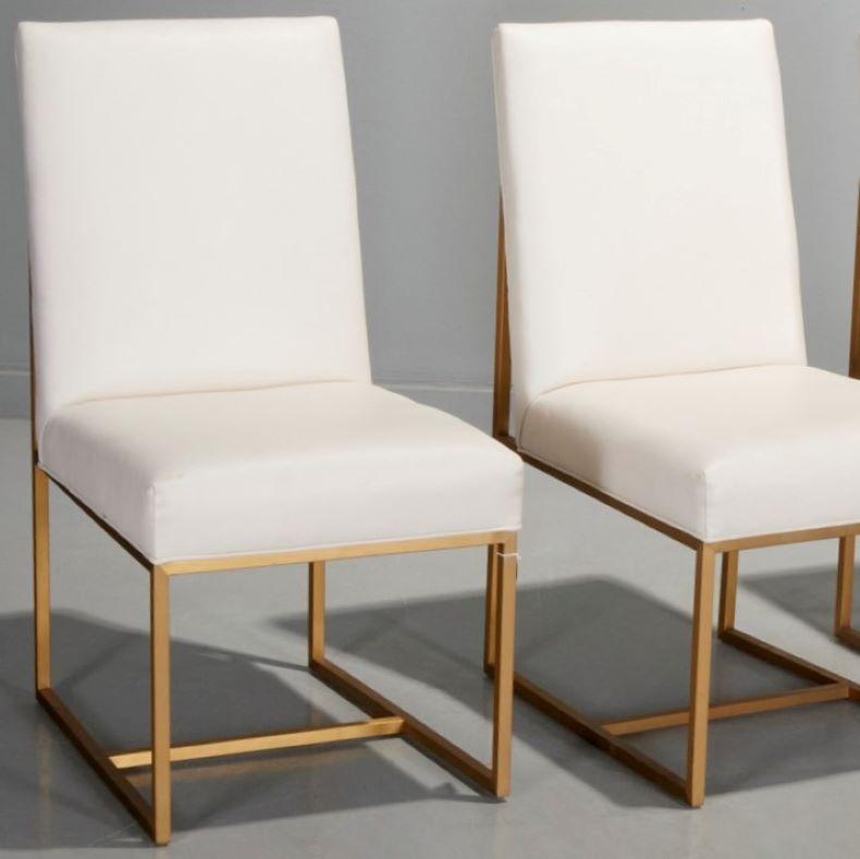 Metalwork 21st C. 4 White Leather and Gilt Metal Side Chairs - Style of Milo Baughman For Sale