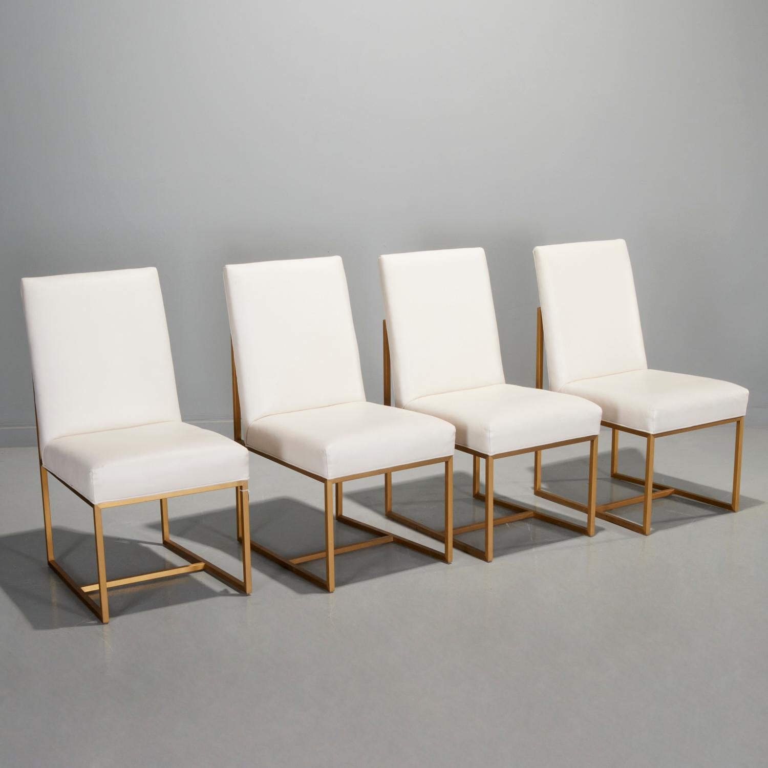 Contemporary 21st C. 4 White Leather and Gilt Metal Side Chairs - Style of Milo Baughman For Sale