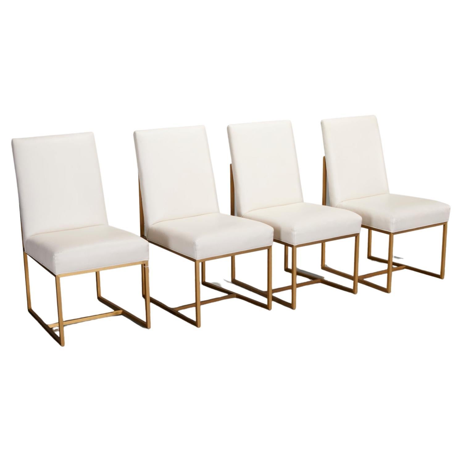 21st C. 4 White Leather and Gilt Metal Side Chairs - Style of Milo Baughman For Sale