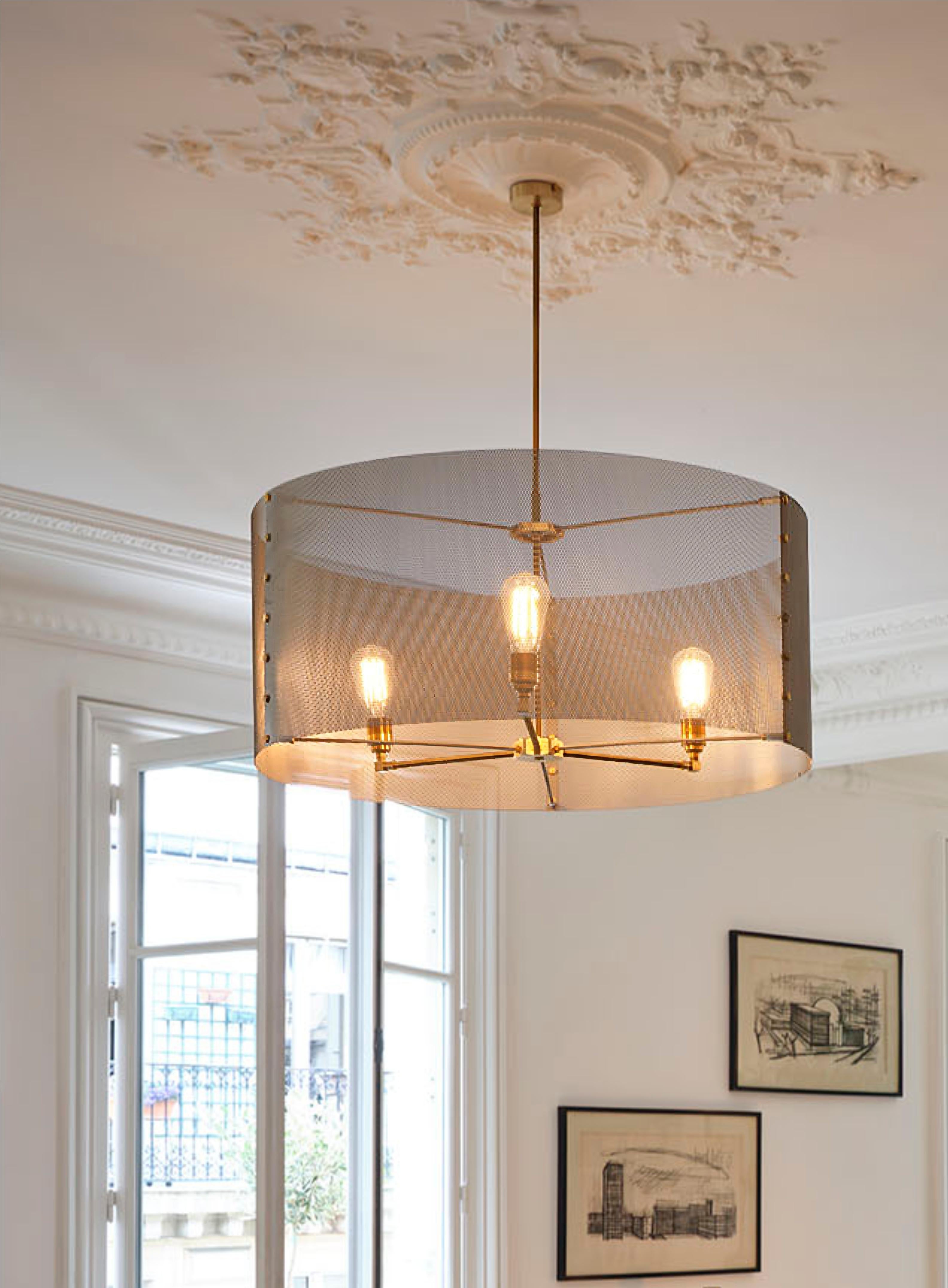 Art Deco 21st C Trapenard Pendant Lamp Brass Stainless Steel Shade by Marine Breynaert For Sale