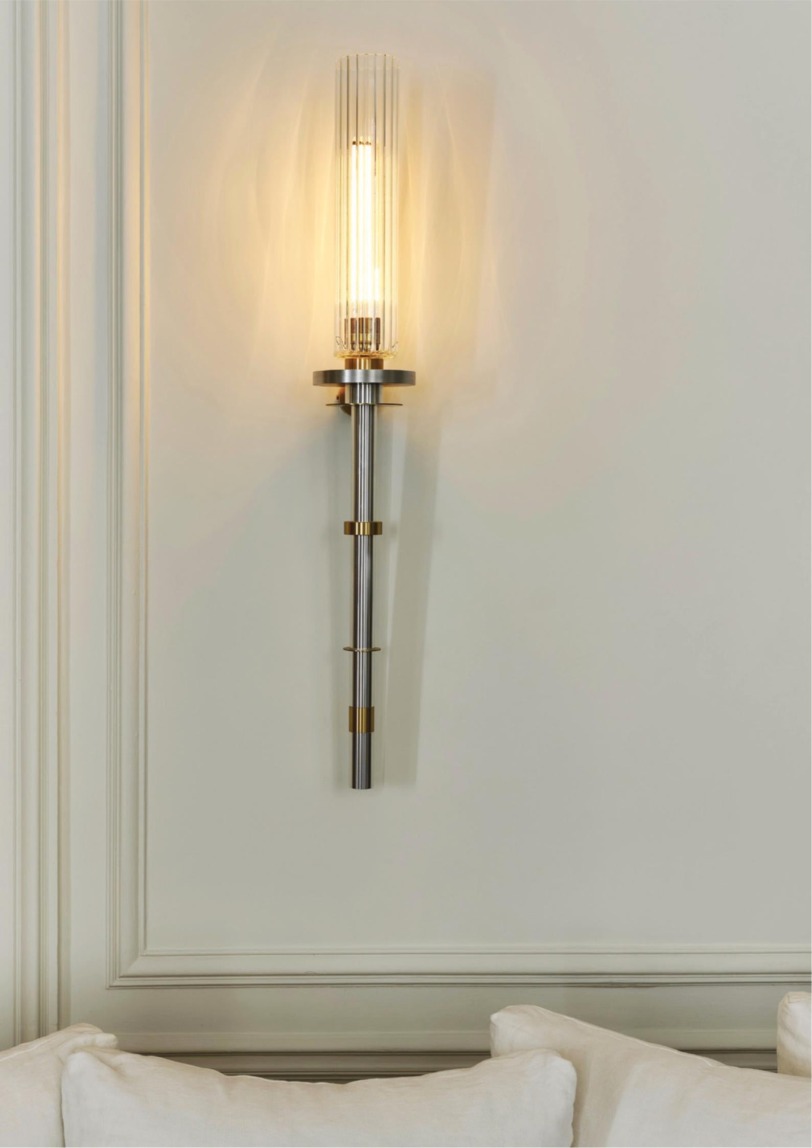 Art Deco 21st C Contemporary Marine Breynaert Wall Sconce Lamp Brushed Brass Glass Green For Sale