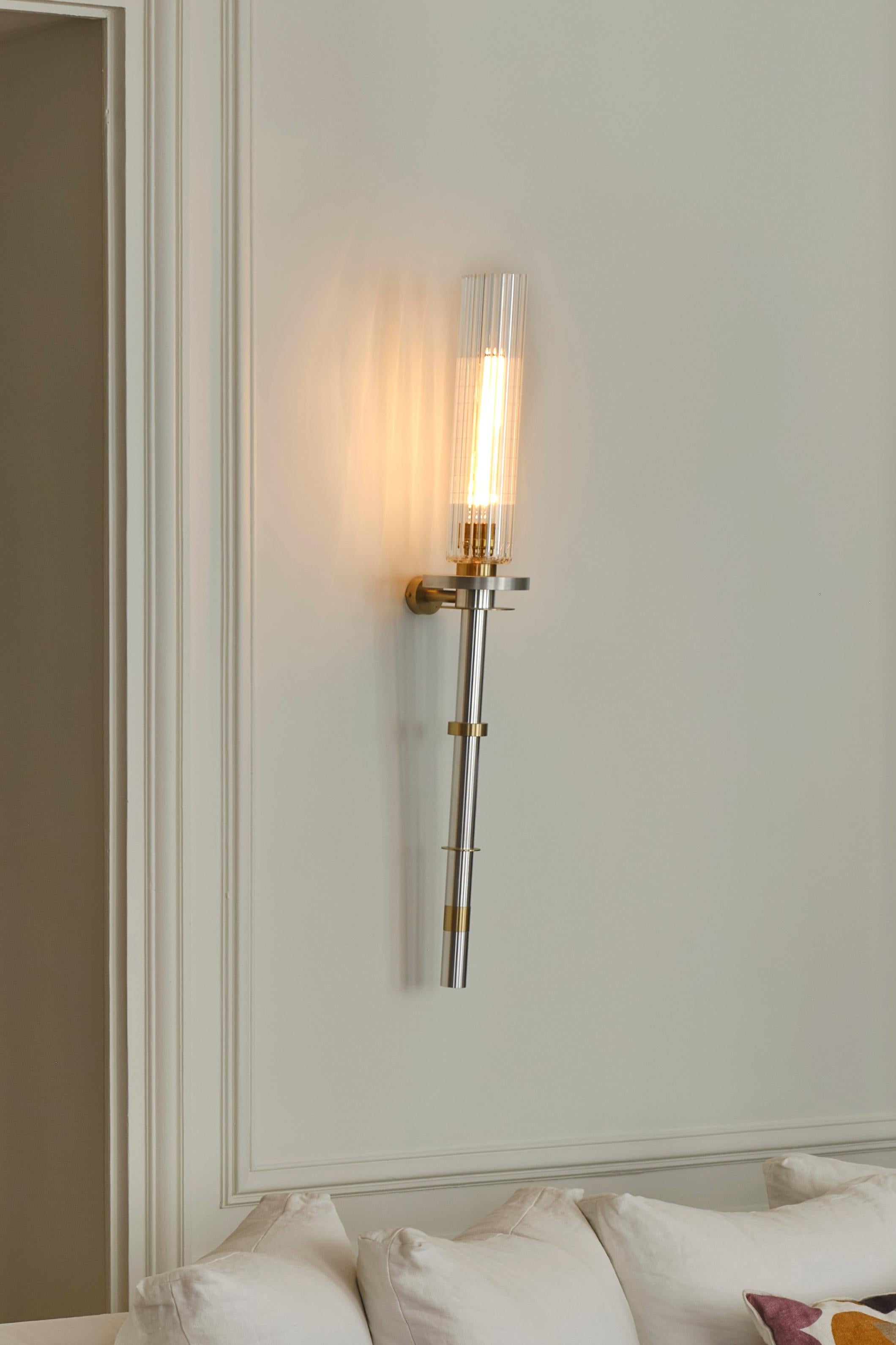French 21st C Contemporary Marine Breynaert Wall Sconce Lamp Brushed Brass Glass Green For Sale