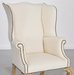 21st C. Custom Upholstered Queen Anne Style Wingback Chair with Nail Head Trim