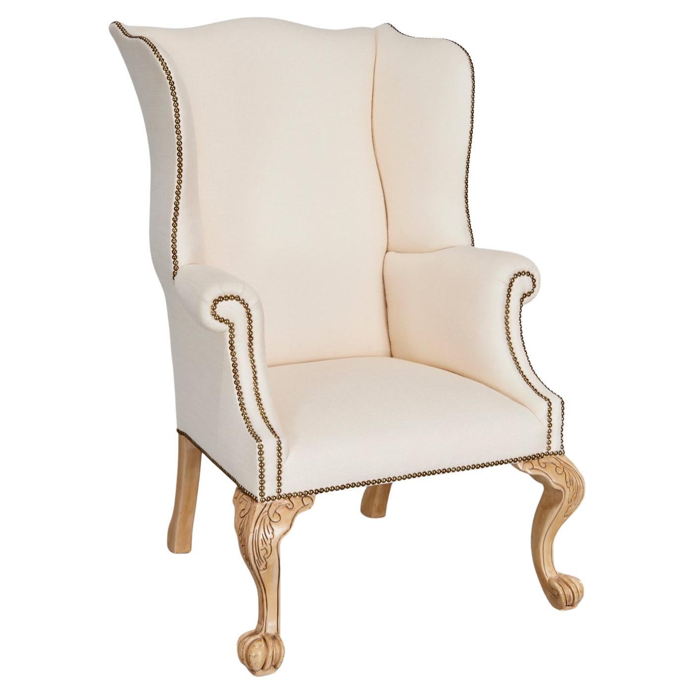 21st C. Custom Upholstered Queen Anne Style Wingback Chair with Nail Head Trim