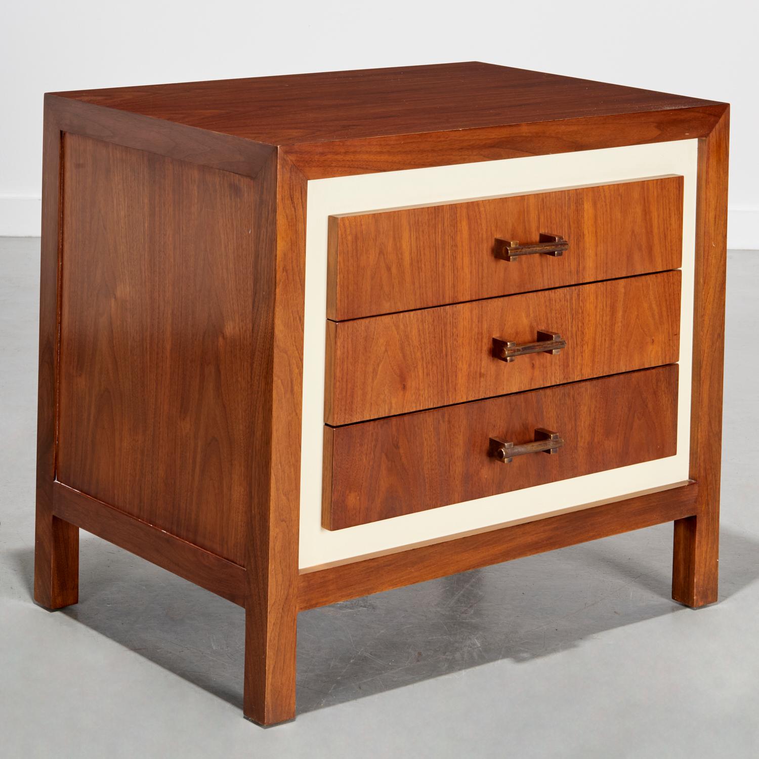 A refined and substantial three-drawer nightstand by Ferrell Mittman, Style No. FCB7810. The Lakecrest bedside chest features clean, modern lines and richly grained walnut drawer fronts—remarkably crafted from the same cut of wood, allowing the