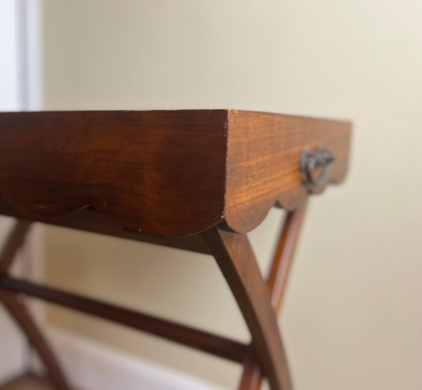 Country 21st C. Folding Teak Tray/Butlers Table with Iron Handles and a Scalloped Edge