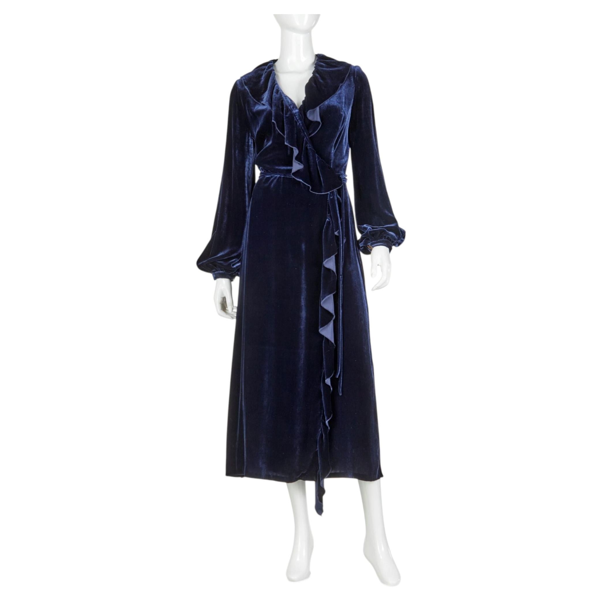 21st C. Racil London Navy Velvet Wrap Dress, Made in England