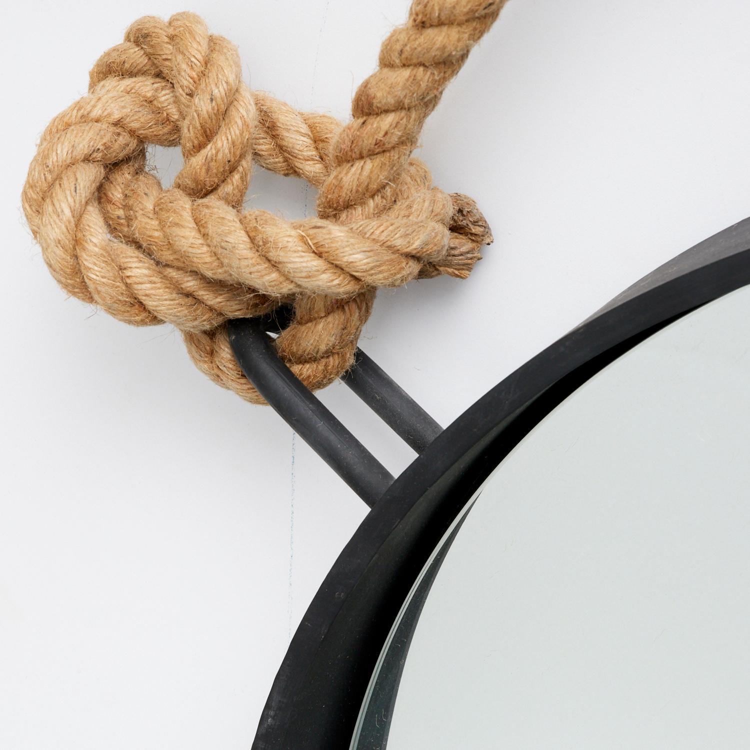 Modern 21st C. Restoration Hardware - Large Round Oxidized Black Iron and Rope Mirror